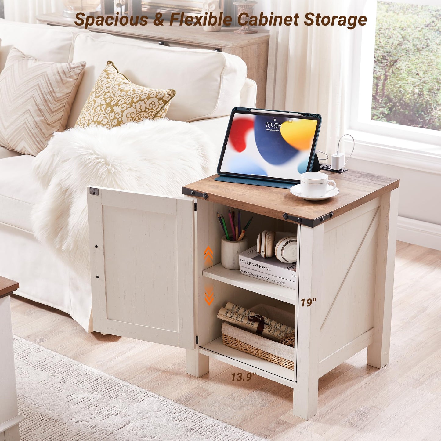 OKD 18" Farmhouse End Table Set of 2, Antique White