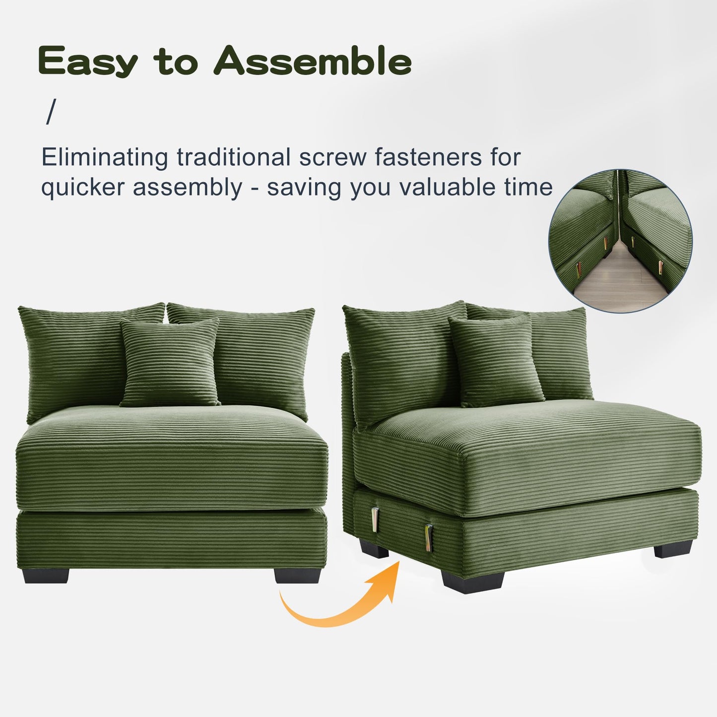 KEIKI 83" L-Shaped Oversized Corduroy Modular Sectional Loveseat Sofa with 1 Ottoman, High-Density Foam Cushion, Extra-Thick Armrest, 2-Seater Fluffy Corner Couch with 6 Pillow, for Living Room, Green