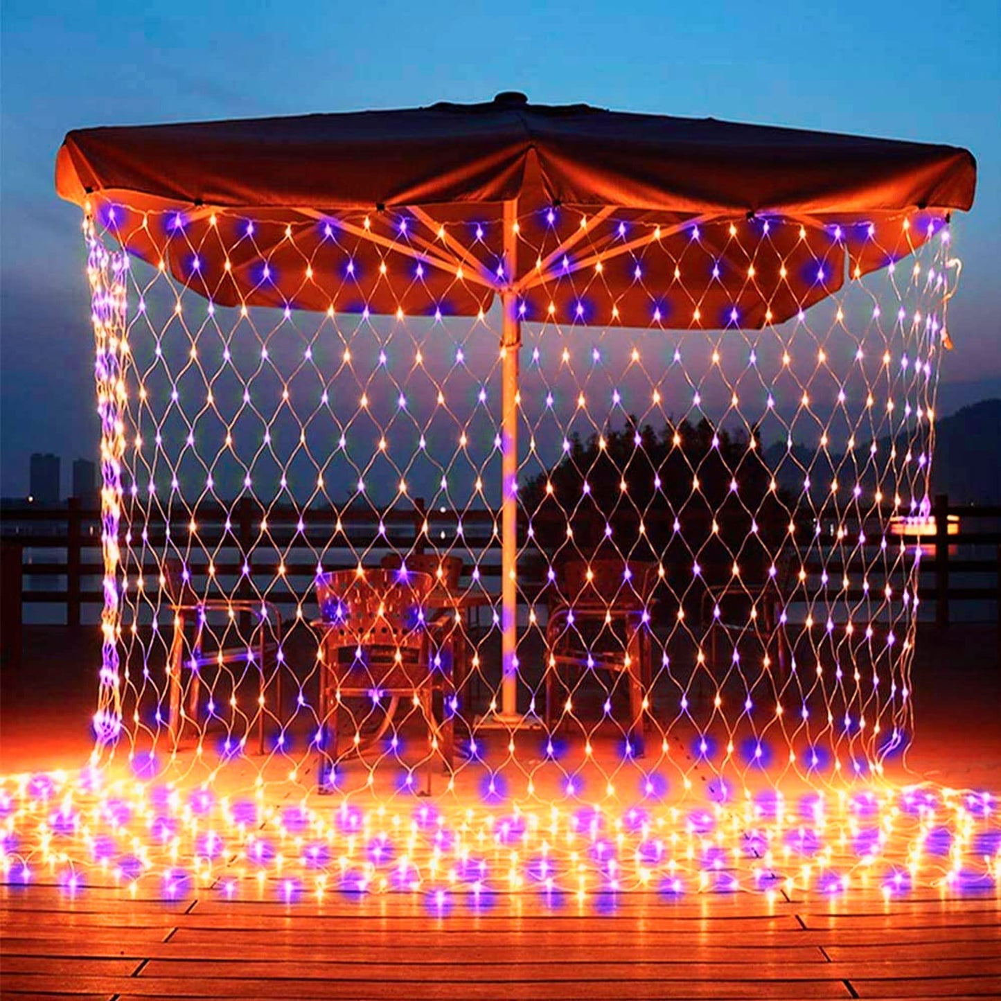 Dazzle Bright 200 LED Net Lights, 9.8 FT x 6.6 FT, Connectable Mesh Lights, Clear Wire, Purple & Orange, Model HB-360WCOI