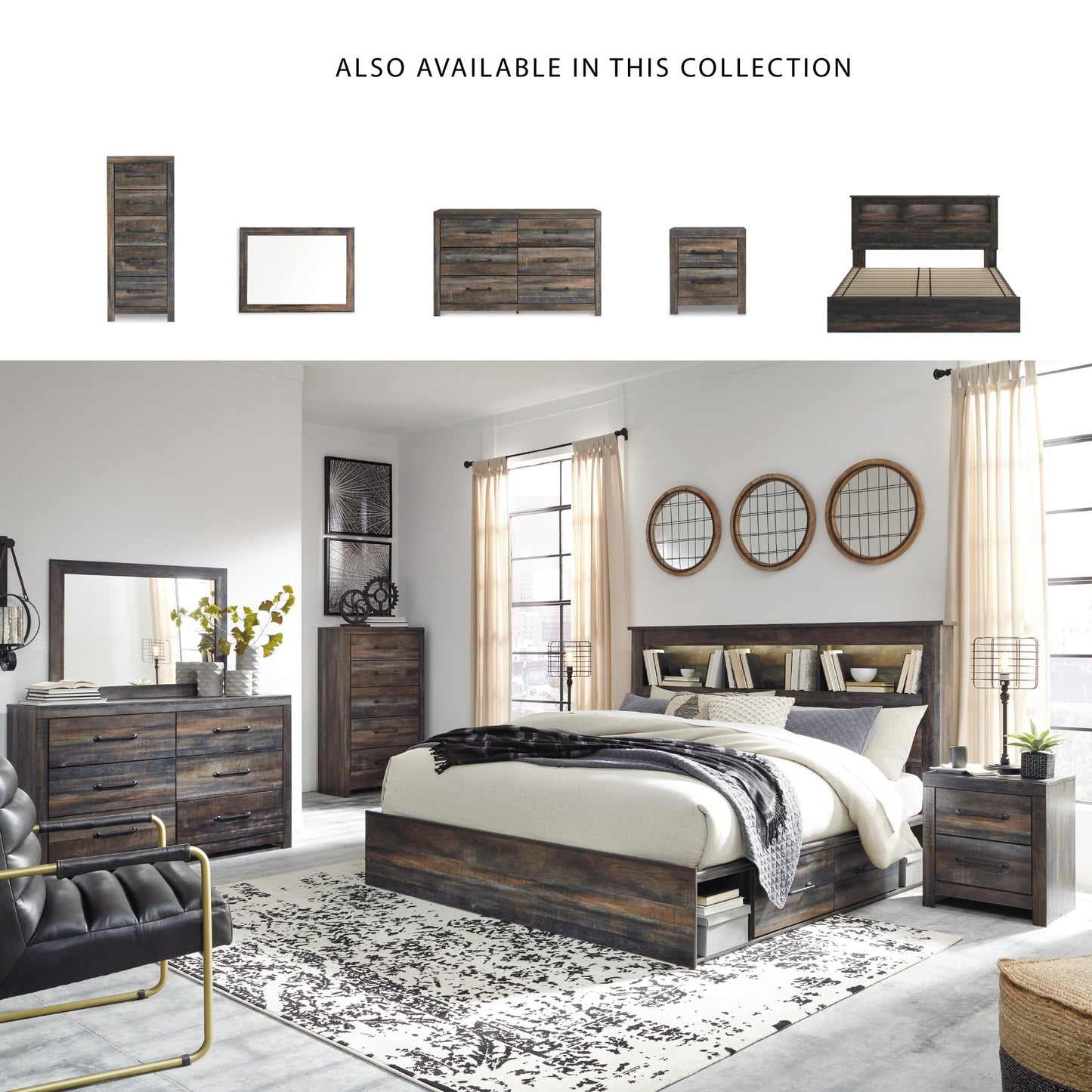 Signature Design by Ashley Drystan King Bookcase Bed with 2 Storage Drawers, Dimming LED Lights, Engineered Wood Construction, Rustic Industrial Platform Frame for Bedrooms, Multi, King