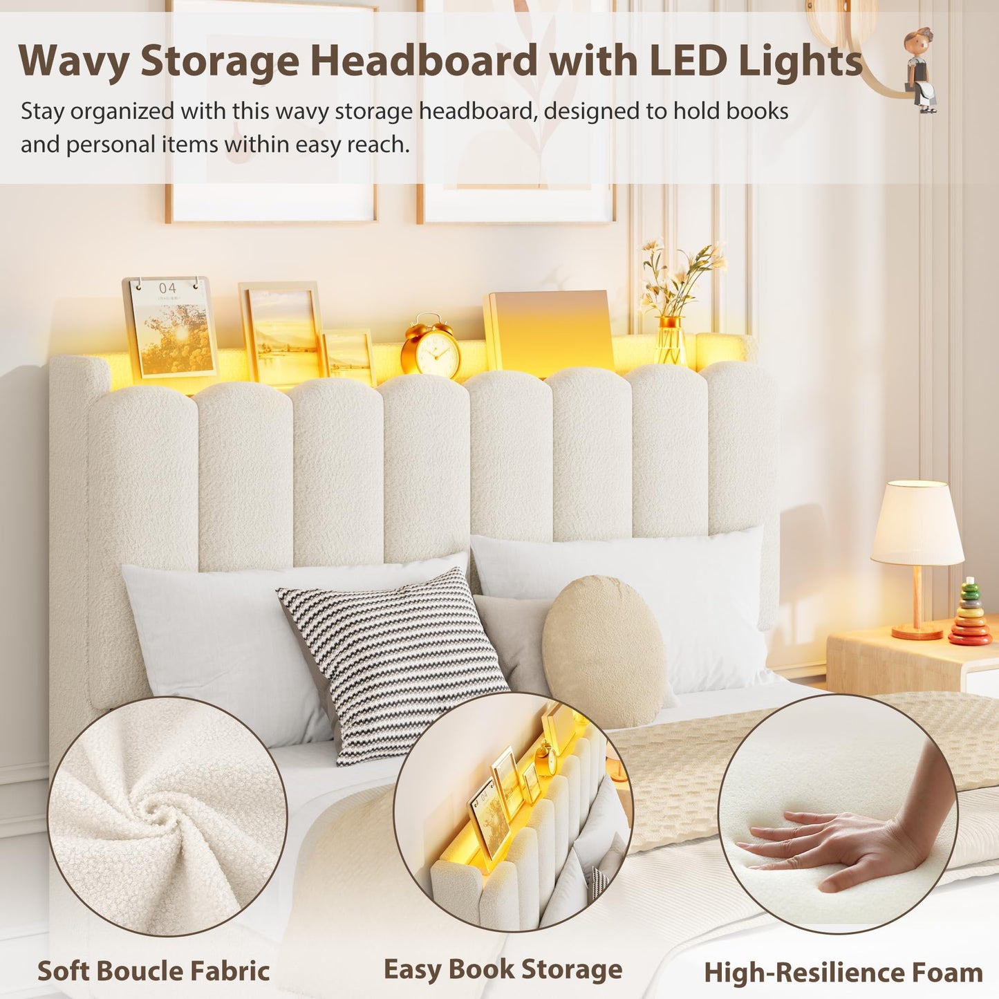 Garvee LED Full Size Bed Frame with Storage Headboard, Kids Bed Frame with 2 Drawers, Boucle Upholstered Platform Bed for Girls, Chic Wavy Headboard with Bookcase, No Box Spring Needed, White