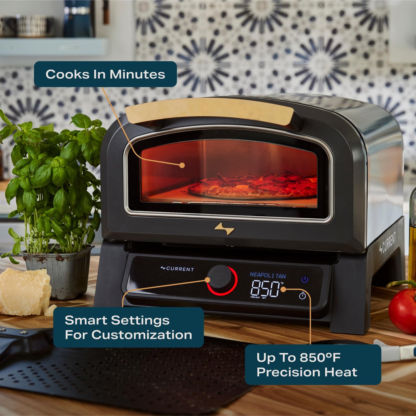 Current® Model P Electric Pizza Oven Indoor & Outdoor, 850°F Countertop Oven, No Turning Required, Perfect Pizza Every Time, Smart App Control, 12-Inch Pizza Stone Included, Sand