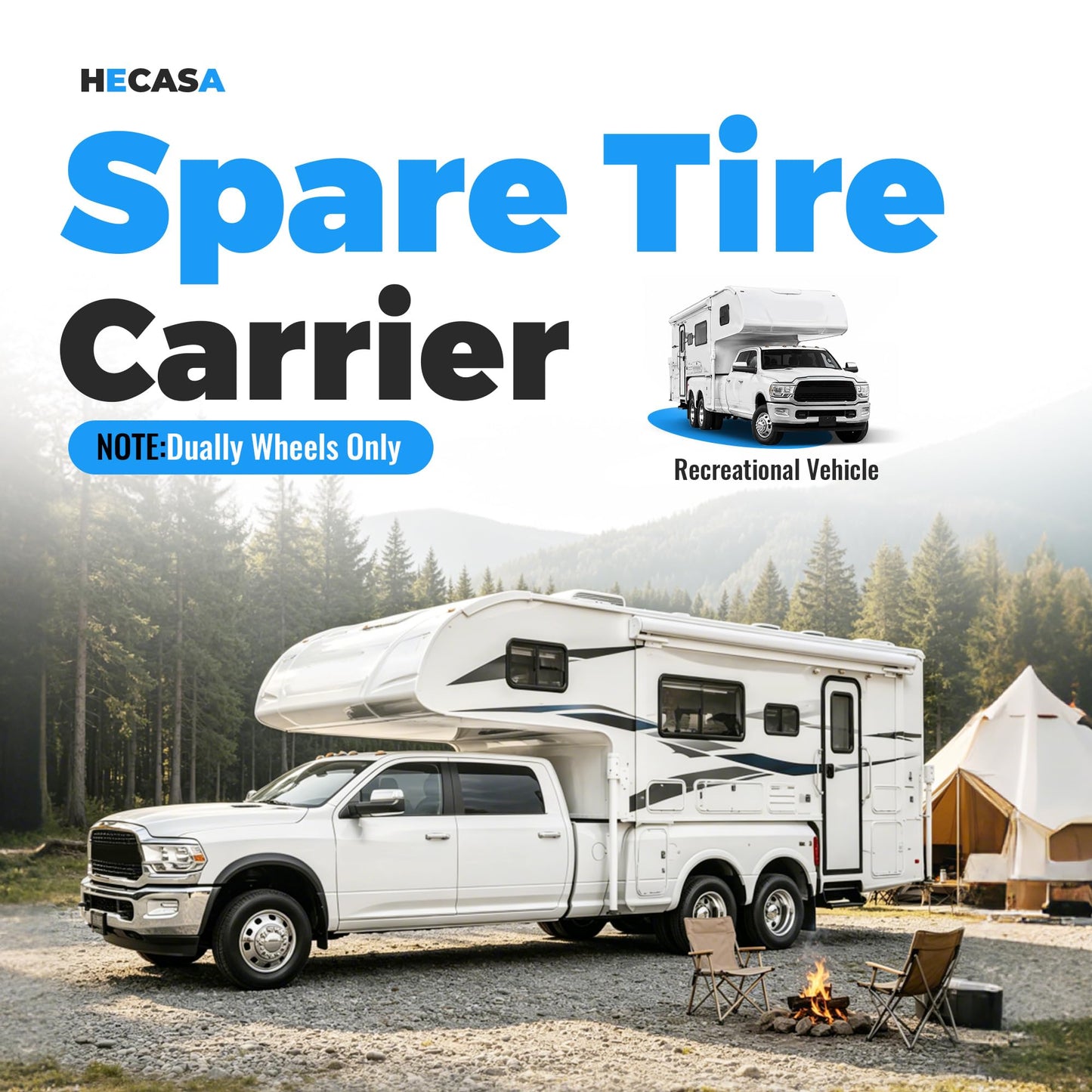 HECASA RV Spare Tire Mount Carrier Fit for 16" 16.5" 19.5" 22.5" 24" RV Wheels Dually Wheels 2" Receiver Mount, 10,000 Pounds Capacity, 400 Pounds Tongue Weight Steel Powder Coated Black