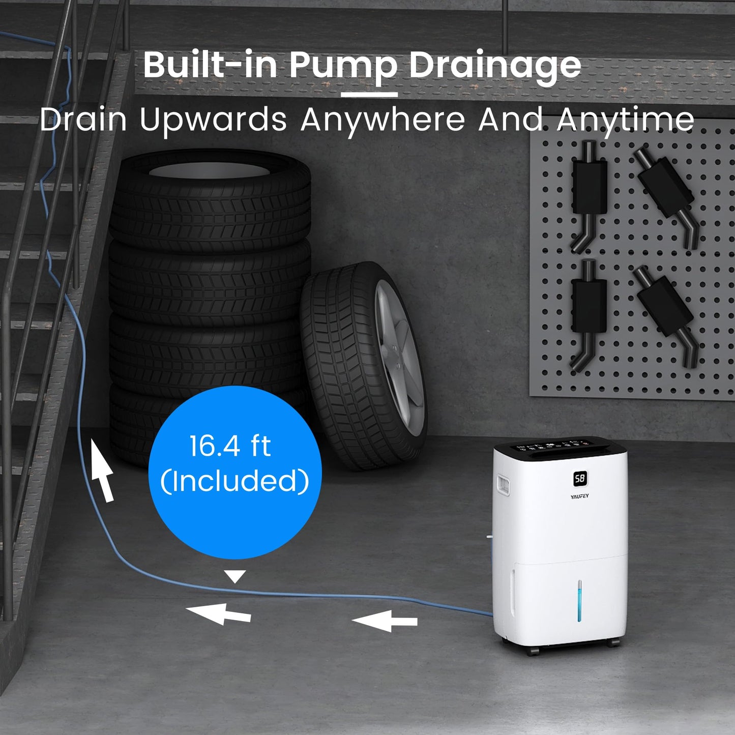 Yaufey 150 Pints Dehumidifier with Pump for Home, Basement and Large Room up to 7000 Sq. Ft., With Drain Hose, Timer, Intelligent Humidity Control and Large Water Tank