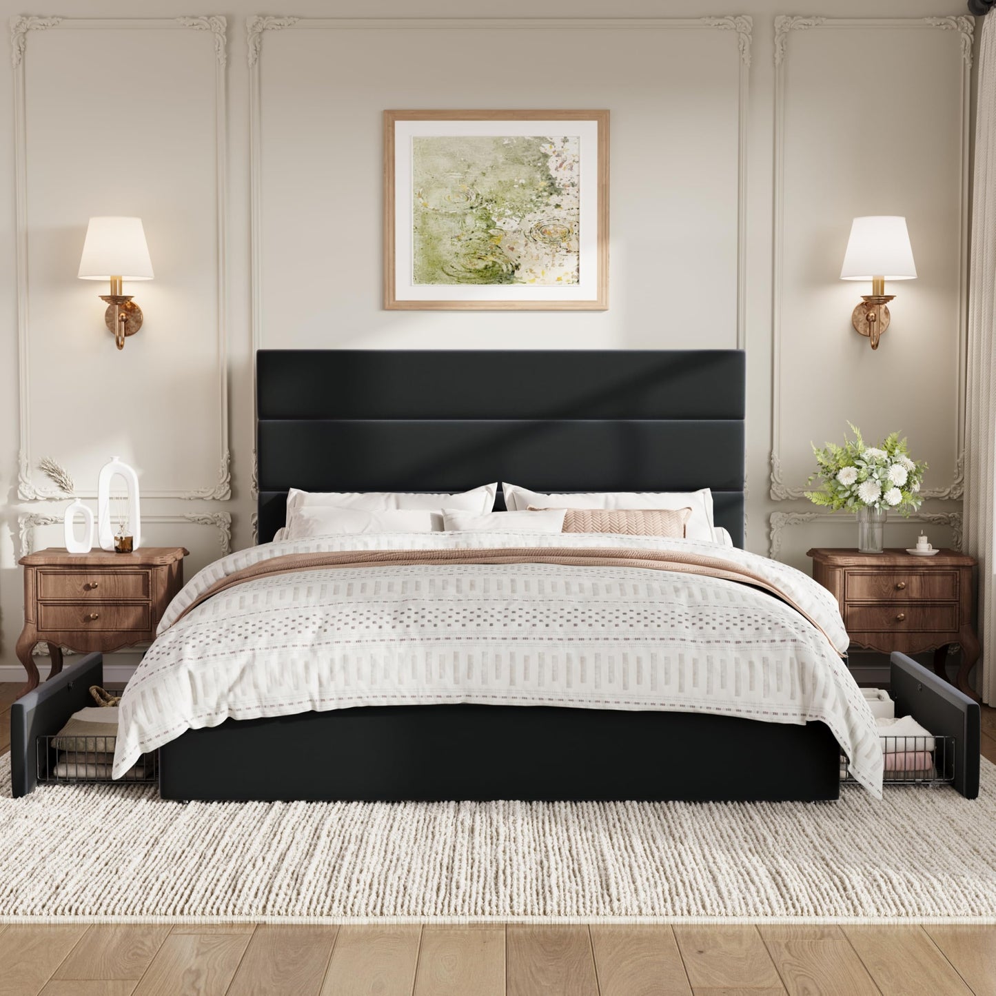 SHA CERLIN Queen Size Platform Bed Frame with 4 Storage Drawers, Velvet Upholstered Headboard, Mattress Foundation with Wooden Slats Support, No Box Spring Needed, Easy Assembly, Black