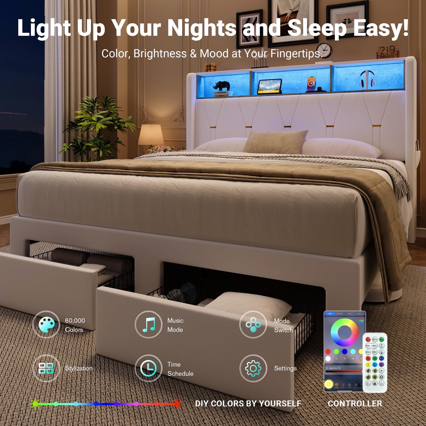 Allewie Full Bed Frame with 2-Tier Storage Headboard, Charging Station & LED Lights, Velvet Upholstered Platform Bed with 2 Drawers, Wingback Headboard, Gold Button Tufted, No Box Spring Needed, White