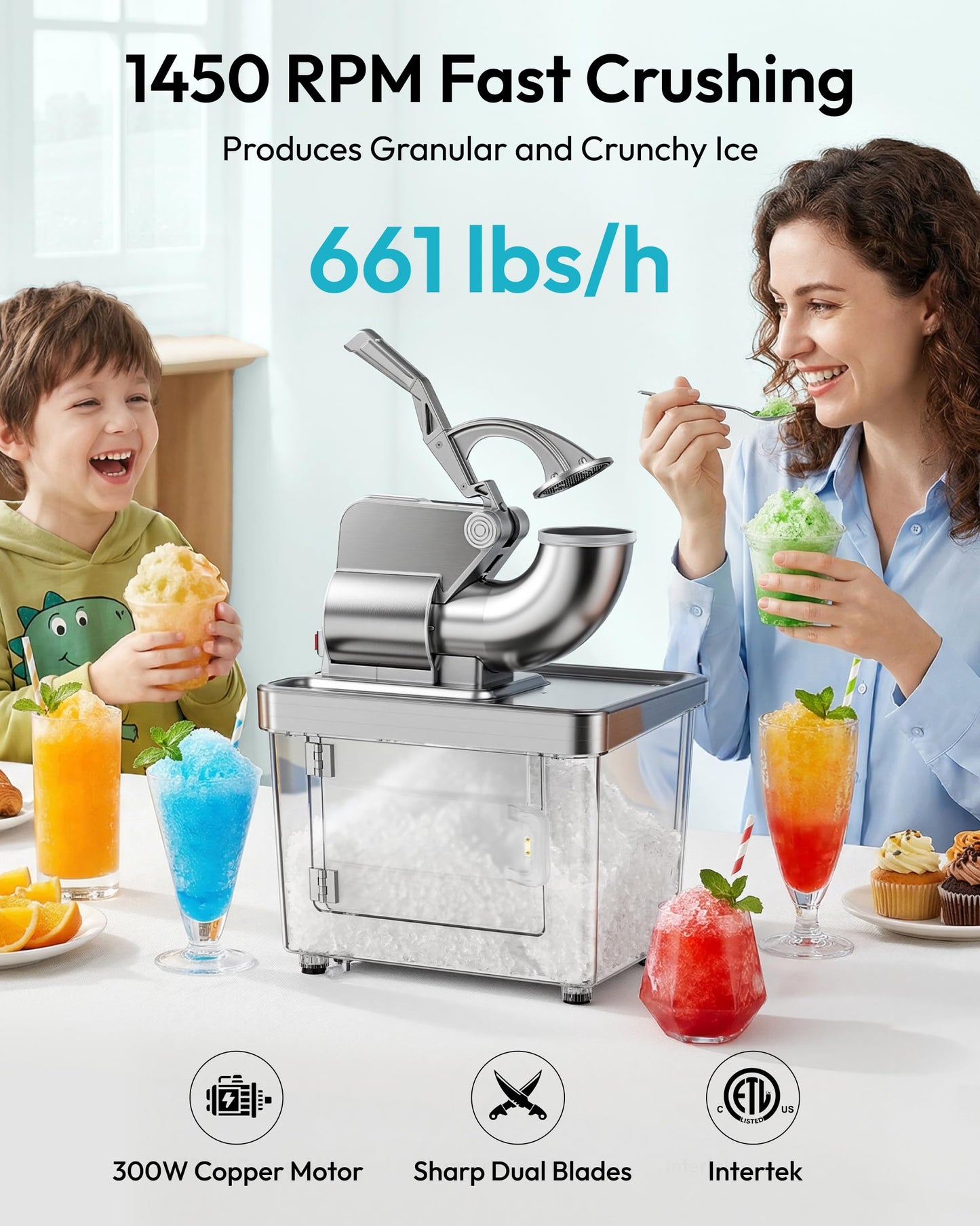 EUHOMY Snow Cone Machine, 661 Lbs/H Commercial Shaved Ice Machine with 34L Large Capacity, 300W Electric Ice Shaver with Dual Blades, ETL Certified Snow Cone Maker for Home & Commercial Use (Silver)