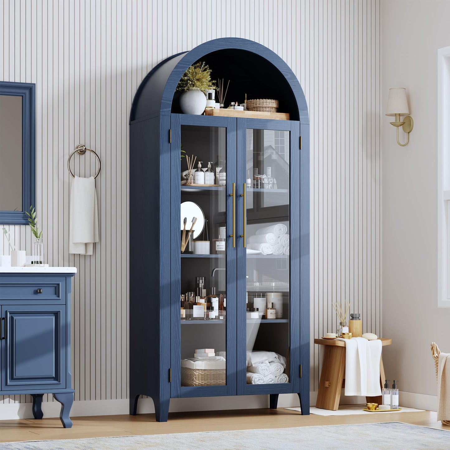 GarveeHome Arched Kitchen Pantry Cabinet - Farmhouse 5 Tier Display Shelf with Adjustable Shelf and 2 Large Glass Doors, Versatile Storage Cupboard for Kitchen, Dining Room, Living Room, Night Blue