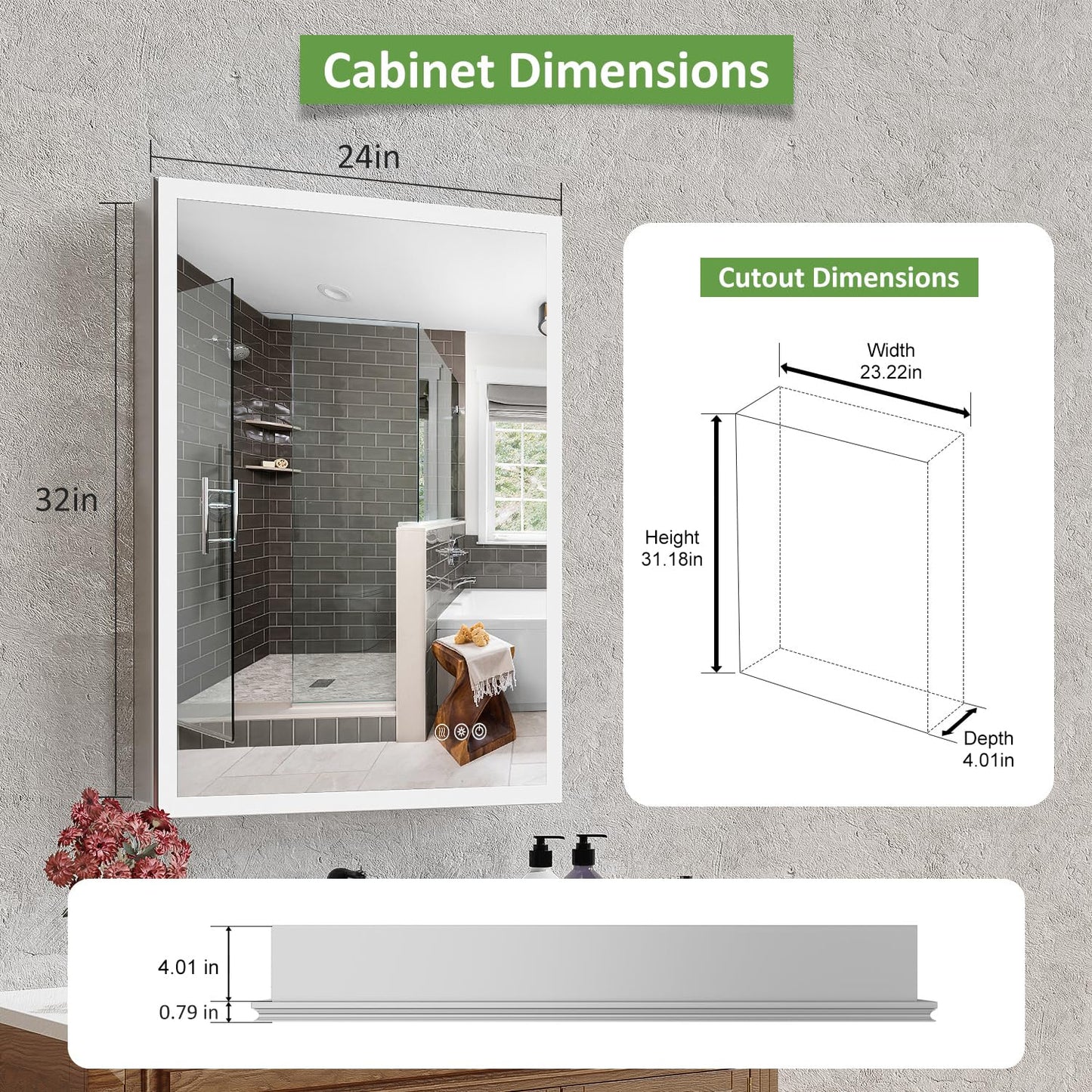 GUIQIYANG Medicine Cabinet with Lights, Bathroom LED Mirror Cabinet with Storage, Anti-Fog & 3 Color Lights, Recessed or Wall Mounted (24X32 in)