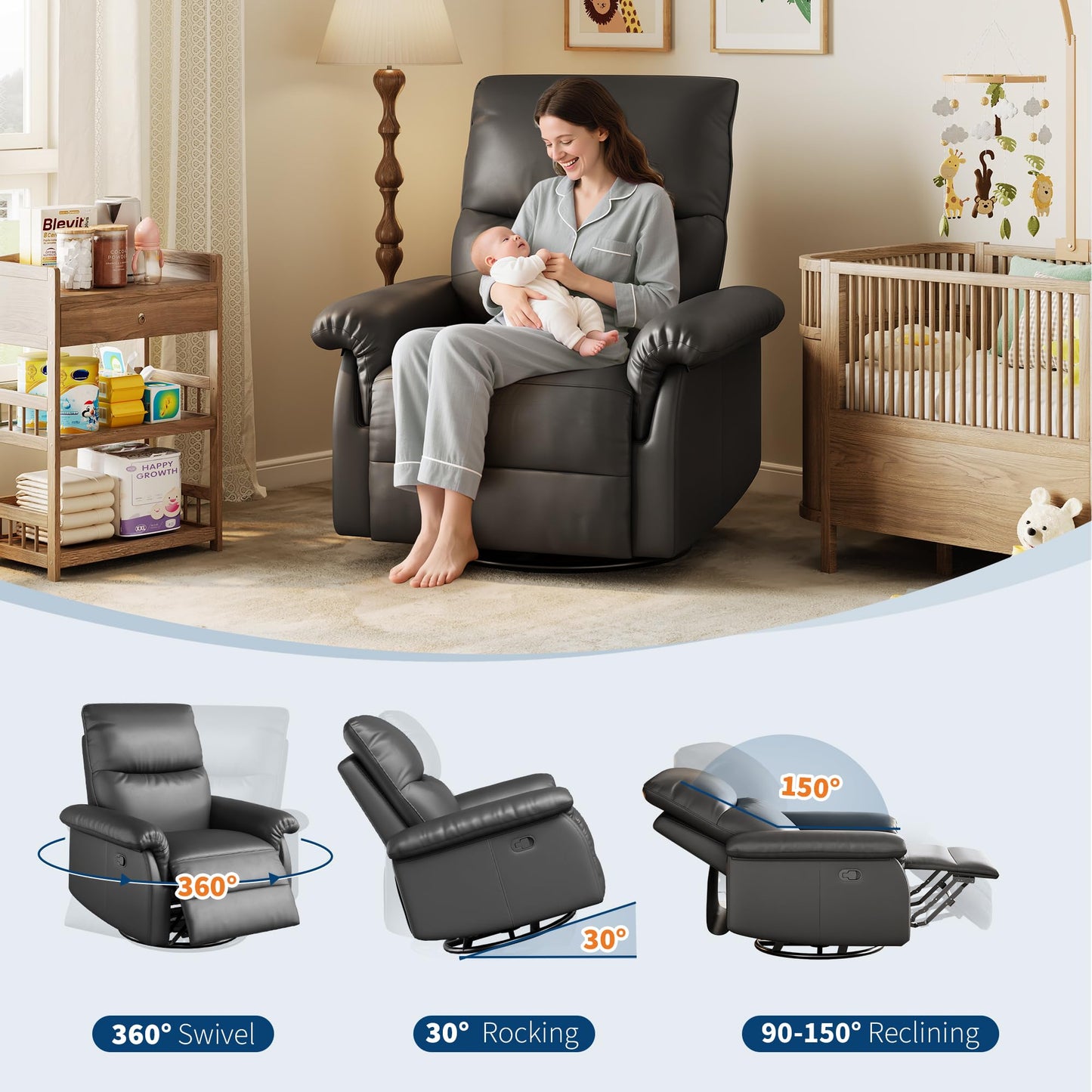 Manual Recliner Chair for Adults, PU Leather Swivel Rocker Recliner with Padded Armrests, Modern Upholstered Reclining Chair for Living Room or Nursery (Black)