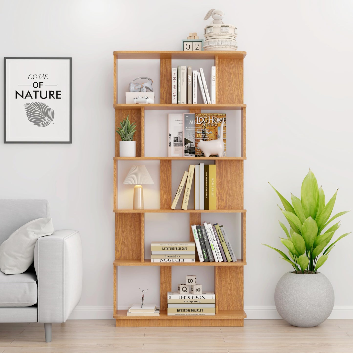 GDFStudio 65" H 6-Tier Bookshelf, Modern Freestanding Bookcase Shelves Organizer, Wood Book Shelf with Anti-Drop Panels, Open Back Display Storage Shelf Unit for Living Room Bedroom Office, Dark Oak