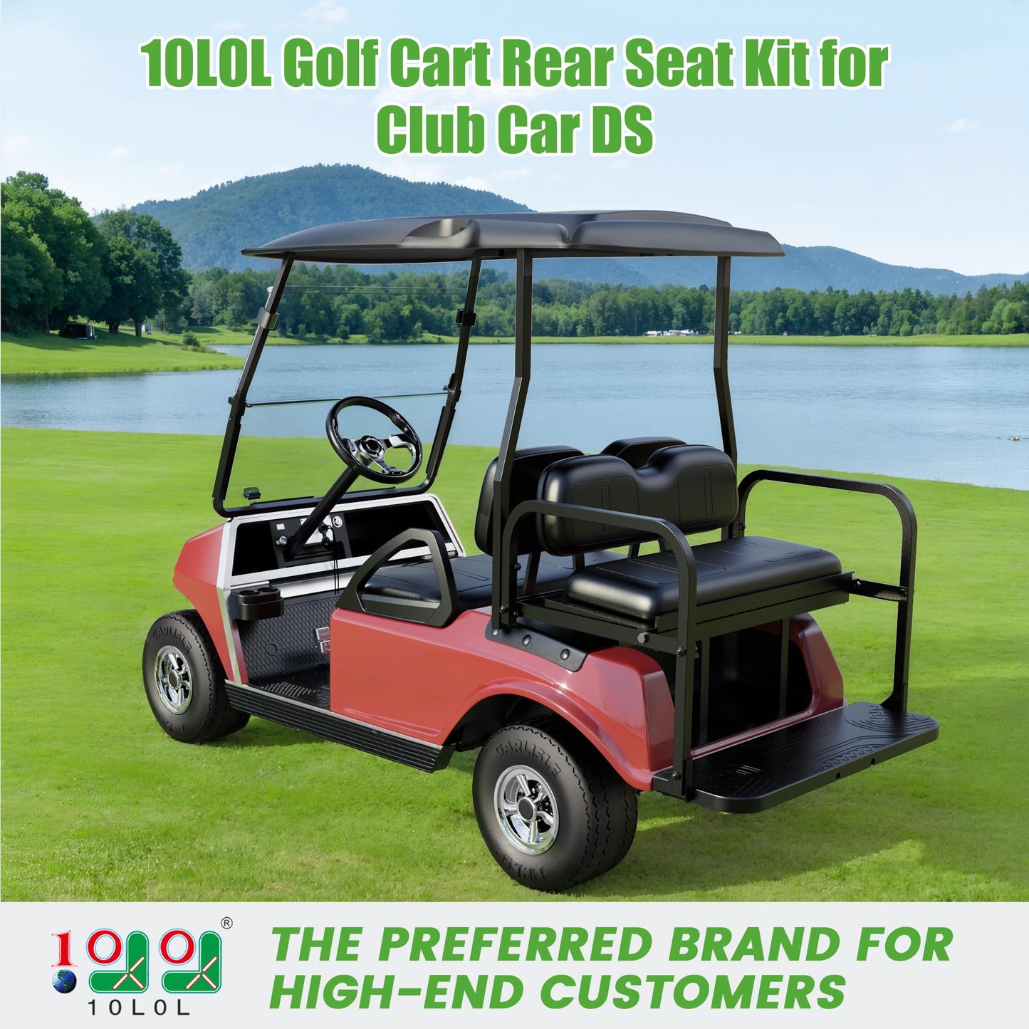 10L0L Golf Cart Rear Flip Seat for Club Car DS, Heavy-Duty Alloy Steel & PE Construction, No-Drill Installation, Non-Slip Pedals & Padded Backrest