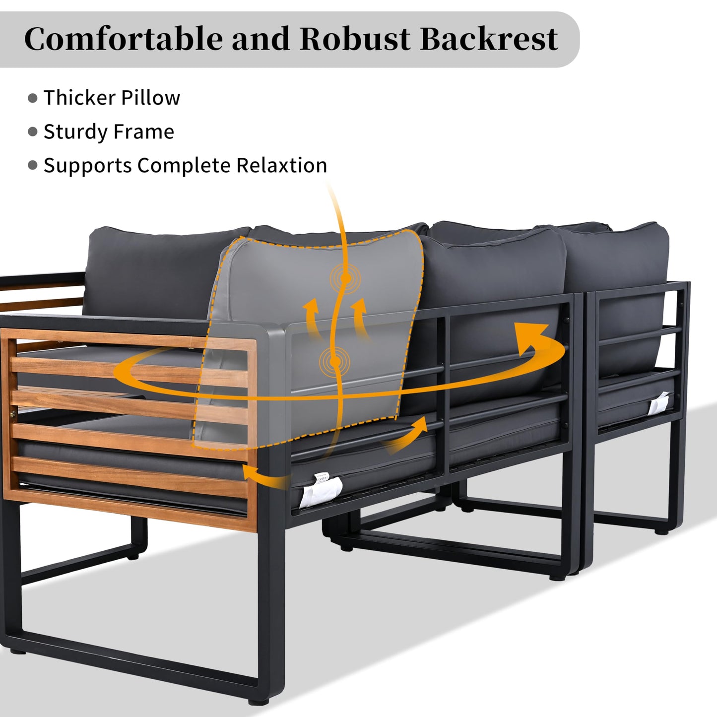 4 Pieces Outdoor Patio Conservation Set, Metal and Wood Frame Sectional L-Shaped Sofa with Soft Cushion and a Coffee Tables for Garden, Backyard, Porch and Deck, Gray