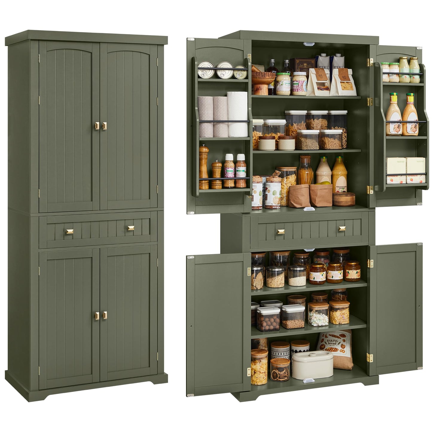 VASAGLE Pantry Cabinet, 15.7 x 30 x 71.7 Inches, Freestanding Tall Cupboard Storage Cabinet with a Drawer, 2 Cabinets, 6 Adjustable Shelves, for Living Room, Kitchen, Forest Green UBBK561C01