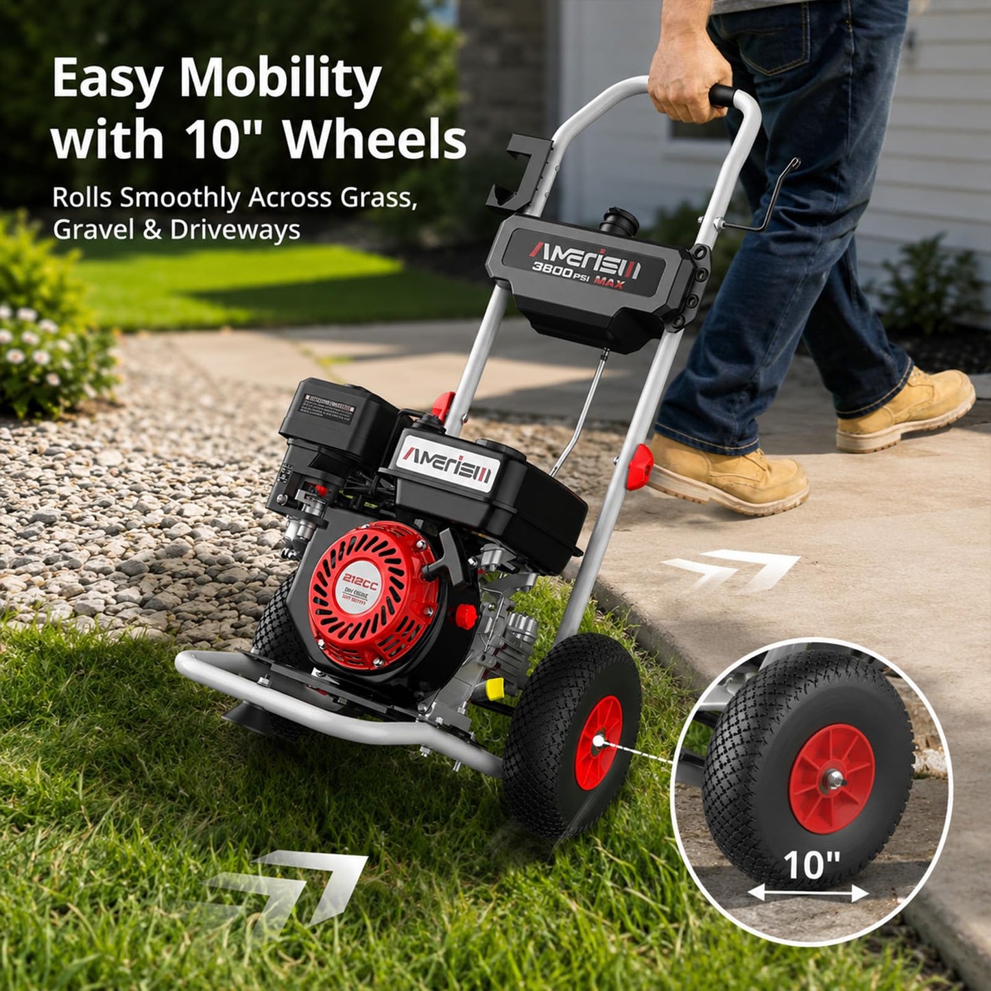 AMERISUN 3800 PSI Gas Pressure Washer 2.5 GPM with 212cc 4-Stroke OHV Engine, 5 Quick-Connect Nozzles & 10" Wheels, Heavy Duty Power Washer for Driveways, Cars, Patios, Decks & House Siding