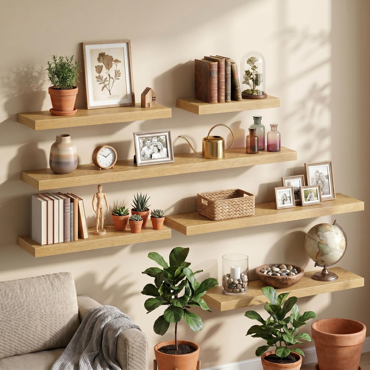 Fun Memories 72Inch Long Floating Shelves, 8 Inch Deep Shelves for Bedroom|Living Room, Wall Mounted Wood Hanging Shelf with Invisible Brackets for Fireplace Mantel Home Storage Decor, Oak - 2 Pack