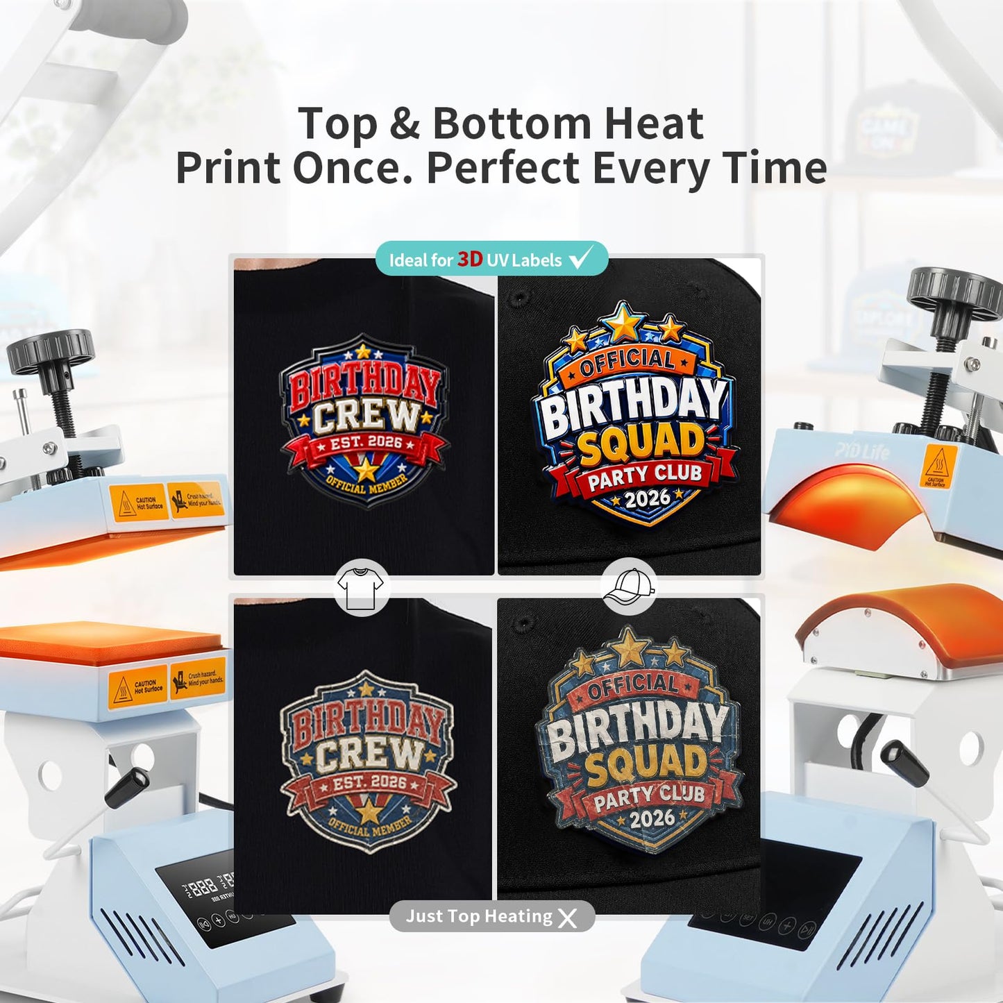 PYD Life 2 in 1 Top and Bottom Heat Press Machine H2C Pro Light Blue 110 V, Mini Combo Hat and Flat Press for DTF 3D UV DTF Labels, Double-Sided Blanks Sublimation Printing