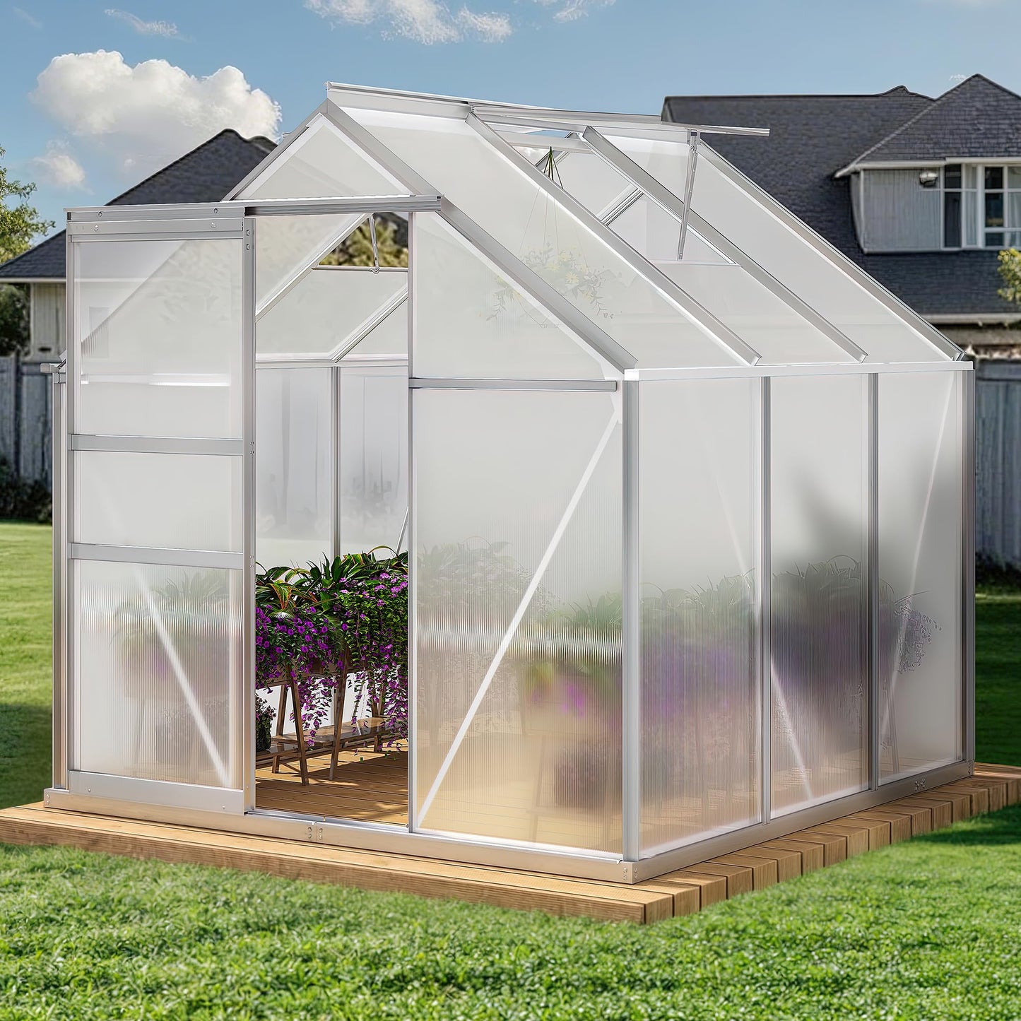 YITAHOME 6x6FT Polycarbonate Greenhouse Heavy Duty Green Houses Outdoor Greenhouses Aluminum Sliding Doors Vent Window Large Sun House for Garden Backyard, Silver