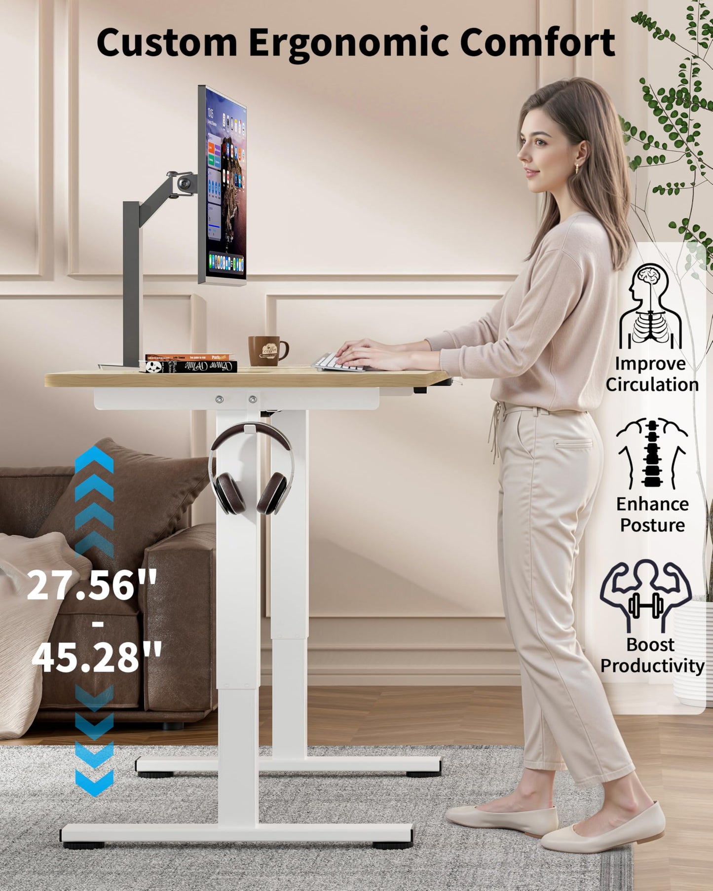Okin Electric Standing Desk, 40 x 24 Inches Whole Piece Height Adjustable Desk, Oak Sit to Stand Desks Computer Workstation with Wheels for Home Office