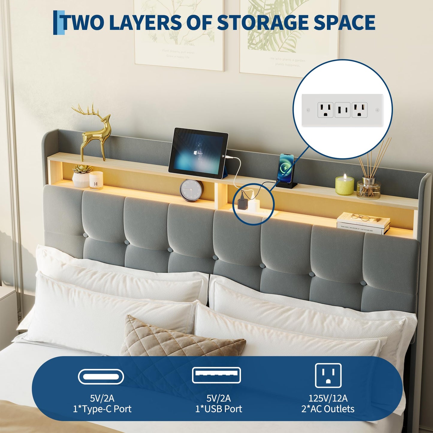 Queen Size Upholstered Bed Frame with LED Headboard, 2 Storage Drawers, Charging Socket and USB Port, Soft Fuzzy Soft, Noise-Free Metal Platform for Bedroom, No Box Spring Needed, Natural Wood Shelf
