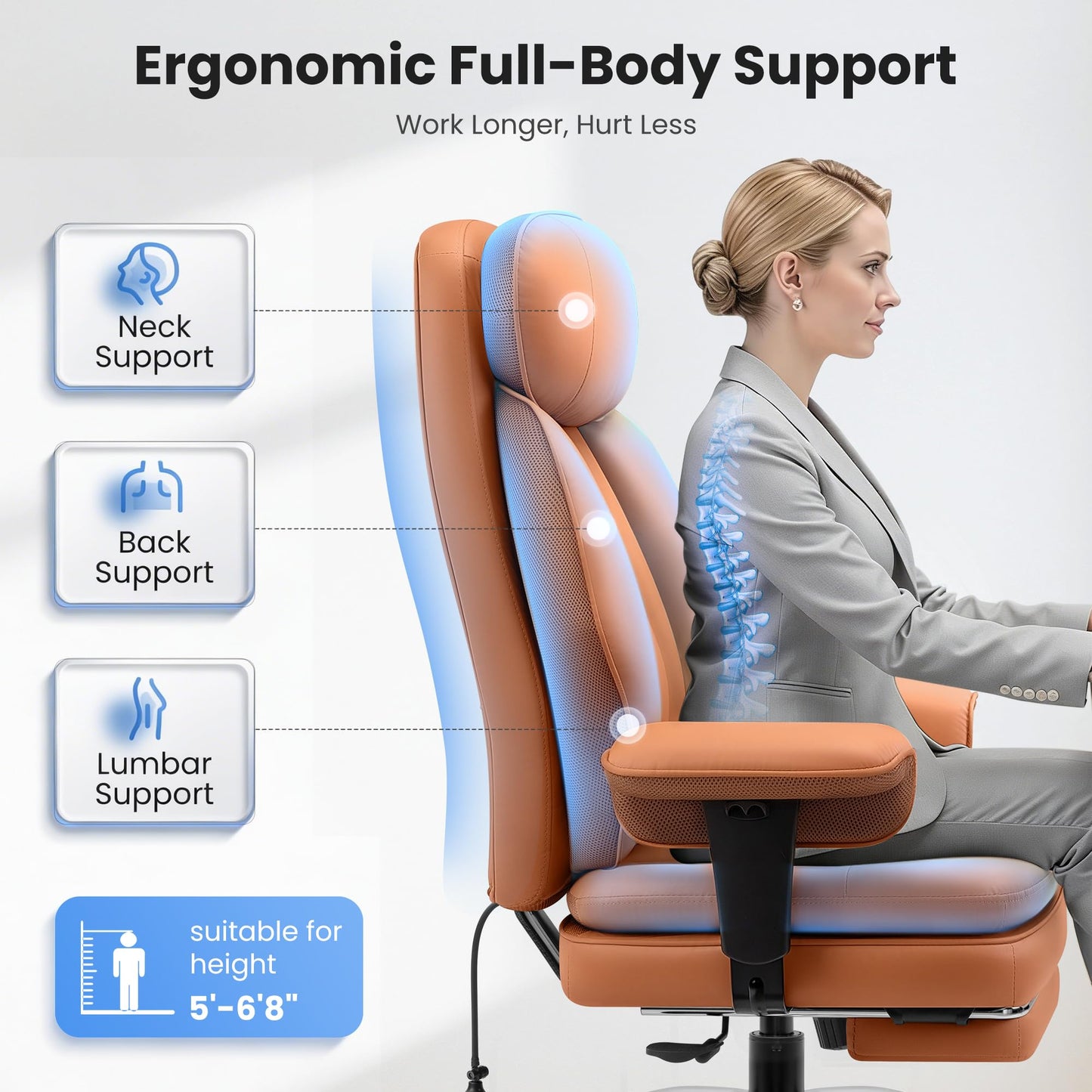 BestGlory Office Desk Chair with Inflatable Lumbar Support, Ergonomic Office Chair [Upgraded Double-Layer Cushion & Footrest], 400 LBS Big and Tall Computer Desk Chair for Home Office Gaming, Brown