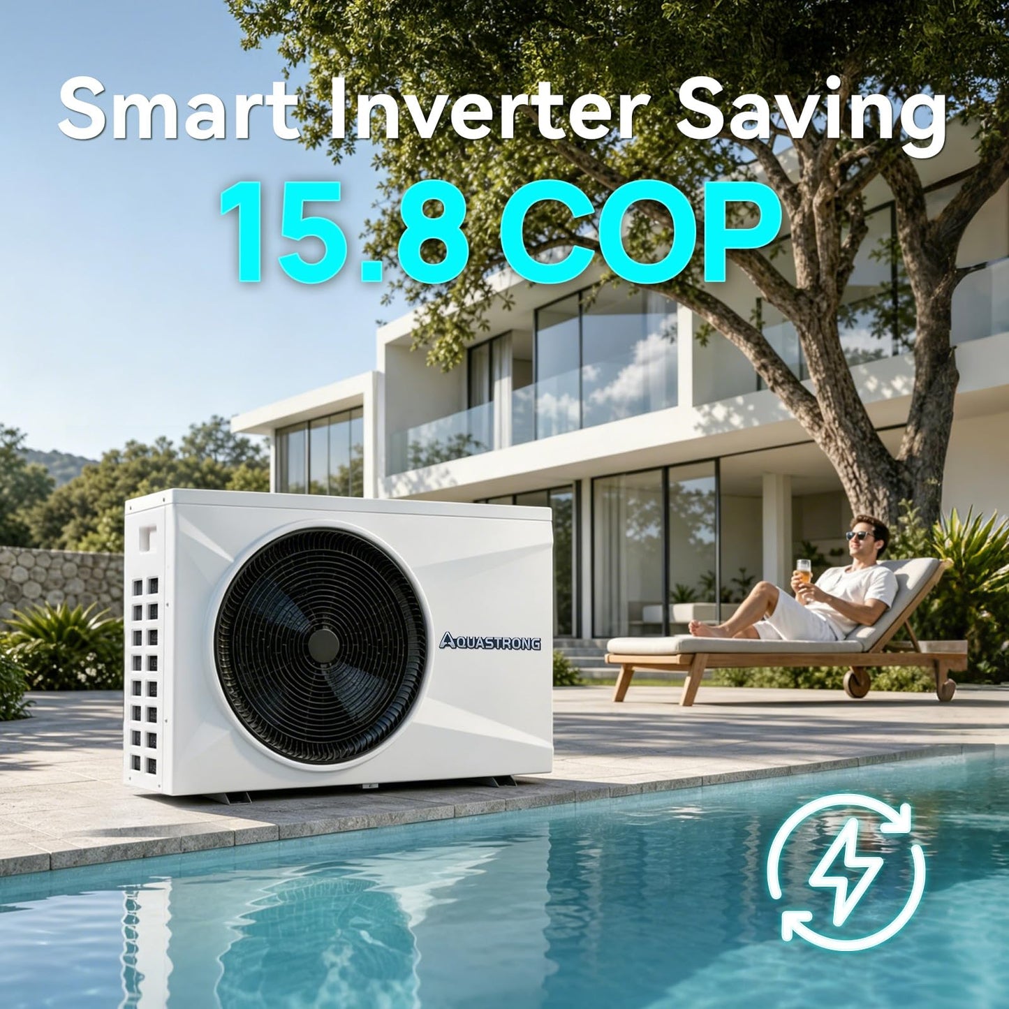 AQUASTRONG Inverter Swimming Pool Heat Pump,Pool Heater for Above Ground and Inground Pool Heating Smart WiFi Control and Cooling Pool Heater Pools Up to, 7500 Gallons