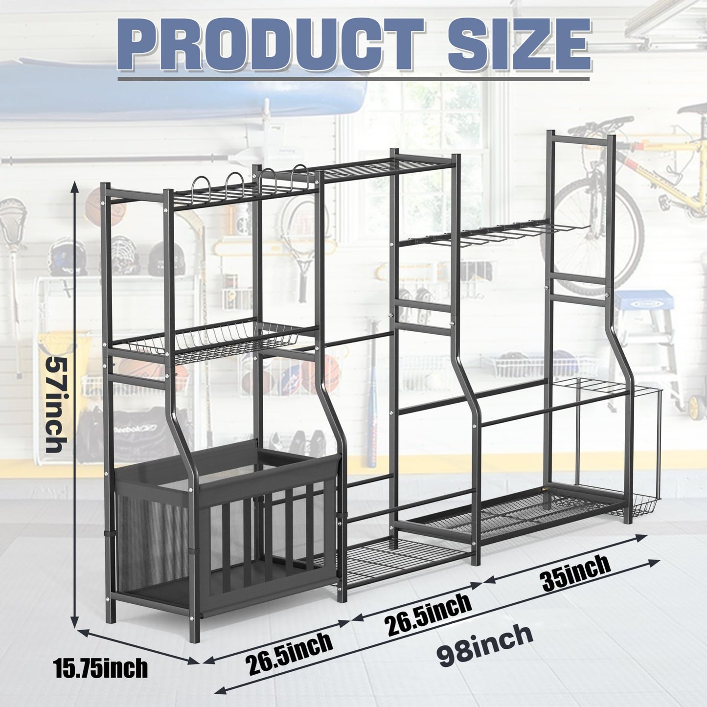 WALMANN Garage Sports Equipment Organizer Stand, Freestanding Ski & Snowboard Storage Rack with Ball Bin and Golf Bag Holder, Multi-Sport Storage for Garage
