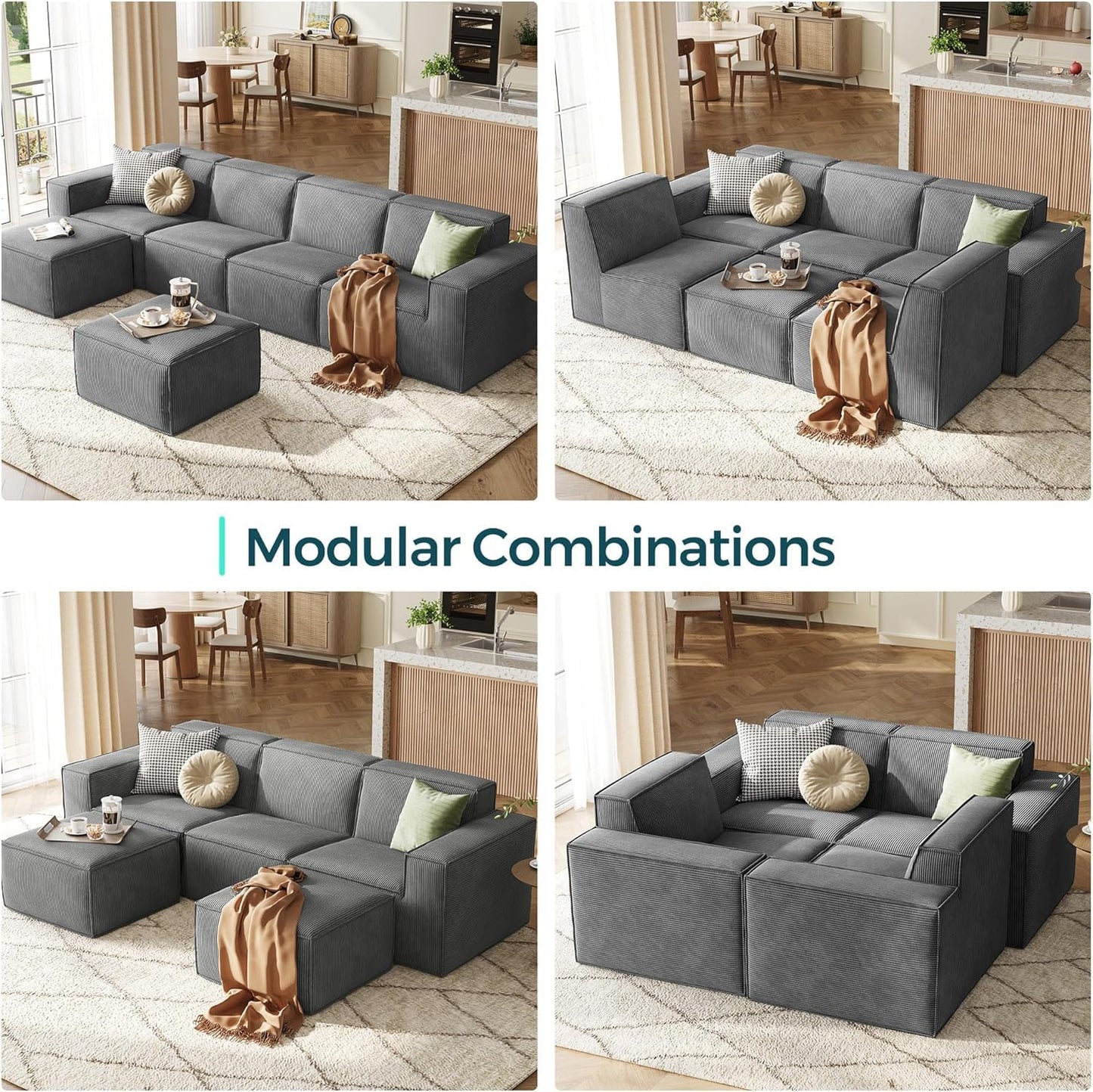 LINSY HOME Modular Sectional Sofa, 134" Boneless Couch U Shaped 4-Seat Sofa with 2 Movable Ottomans, Corduroy Sectional Cloud Couches for Living Room, No Assembly Required, Grey