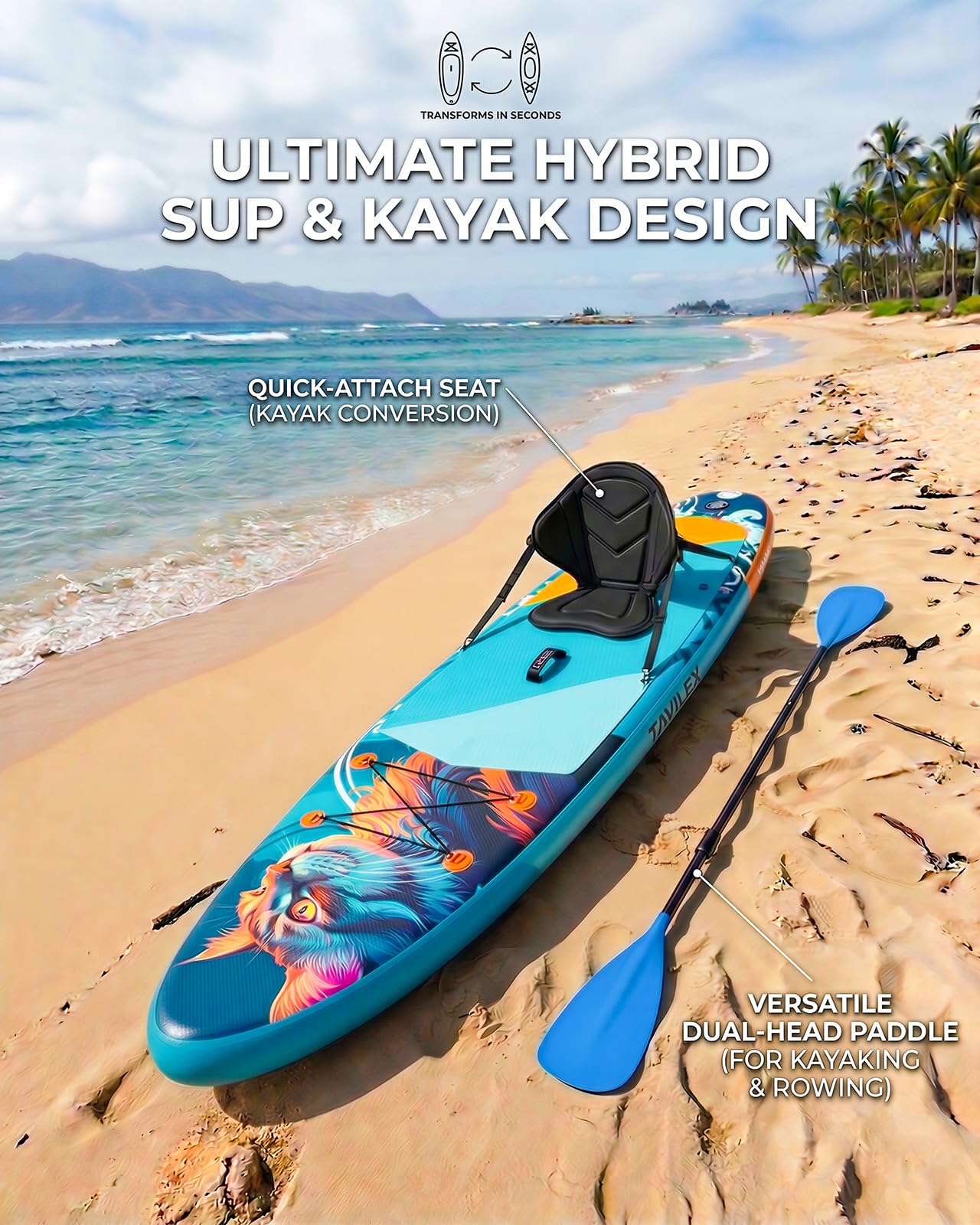 Tavilex Inflatable Stand Up Paddle Board with Seat, 11' x 33" x 6" Ultra-Wide 2-in-1 SUP Board for Adults & Youth, Stable Blow Up Paddleboard Kit with Dual-Blade Paddle (Night Cat)