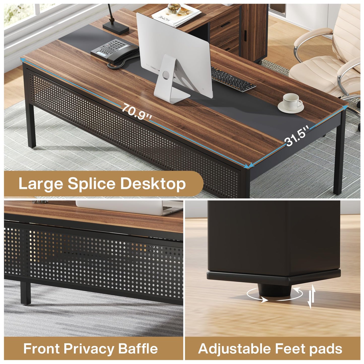 Tribesigns 71 Inch Executive Desk, L-Shaped Desk with Mobile File Cabinet, Executive Office Table with 2 Drawers and Storage Shelves, Business Furniture Workstation for Home Office, Walnut and Black