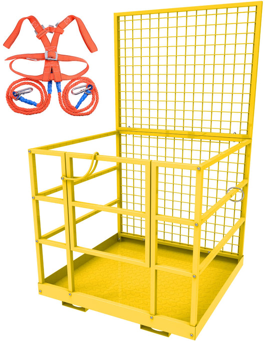 YITAMOTOR 43"x45" Forklift Safety Cage, 1400 LBS Yellow Capacity Forklift Work Platform with Safety Harness, Collapsible Lift Basket Aerial Platform for Lifting Loader