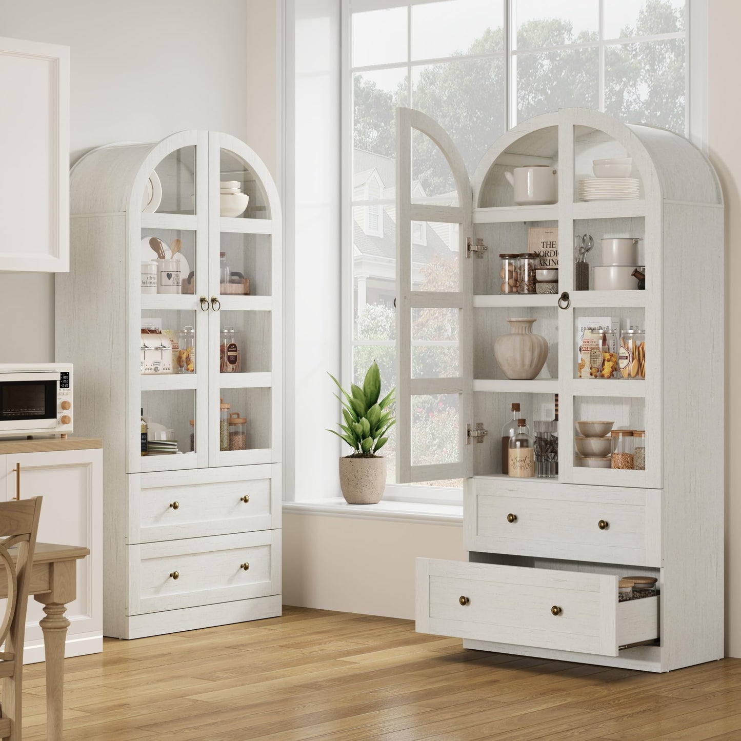 GarveeHome 71" Tall Arched Bookcase Cabinet, Wood Arched Bookshelf with Doors & Drawers, Large Arch Display Bookcase Cabinet with Storage, Farmhouse Storage Cabinet for Office Living Room, Retro White