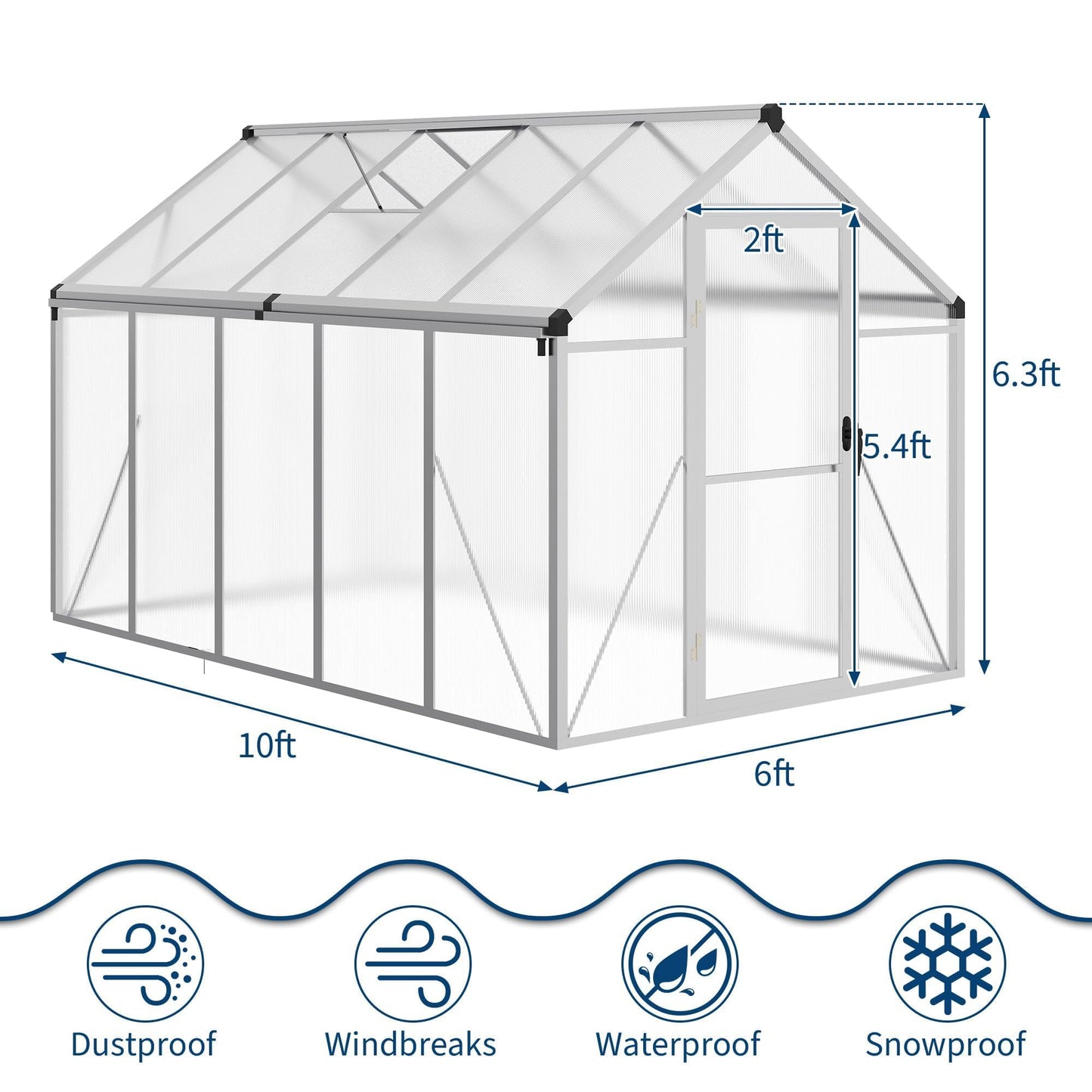 6x10 FT Greenhouse for Outdoors, Polycarbonate Greenhouse with Roof Vent, Ground Nails, Lockable Push Door, Aluminum Large Walk-in Green House for Outside Garden Backyard, Patio, Lawn, Silver
