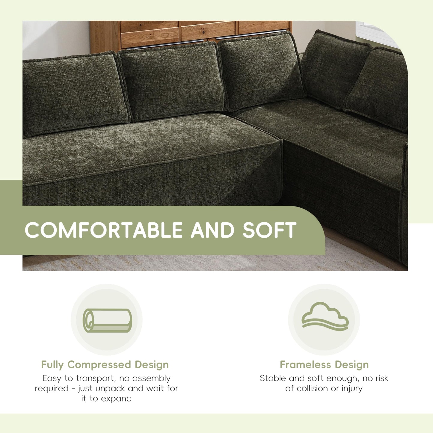 Merax Modern 129.5" L-Shaped Convertible Sectional Sofa with Cushions, Floor Modular 6-Seat Couch Set with Chaise for Living Room, No Assembly Requiered, Wrinkle-Resistant, Green
