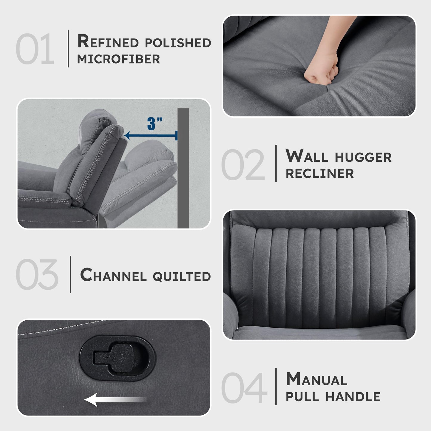 Lexicon Manual Recliner Chair, Polished Microfiber Reclining Sofa Chair, Home Theater Seating, Wall Hugger Manual Recliner for Living Room/Office/Apartment, Gray