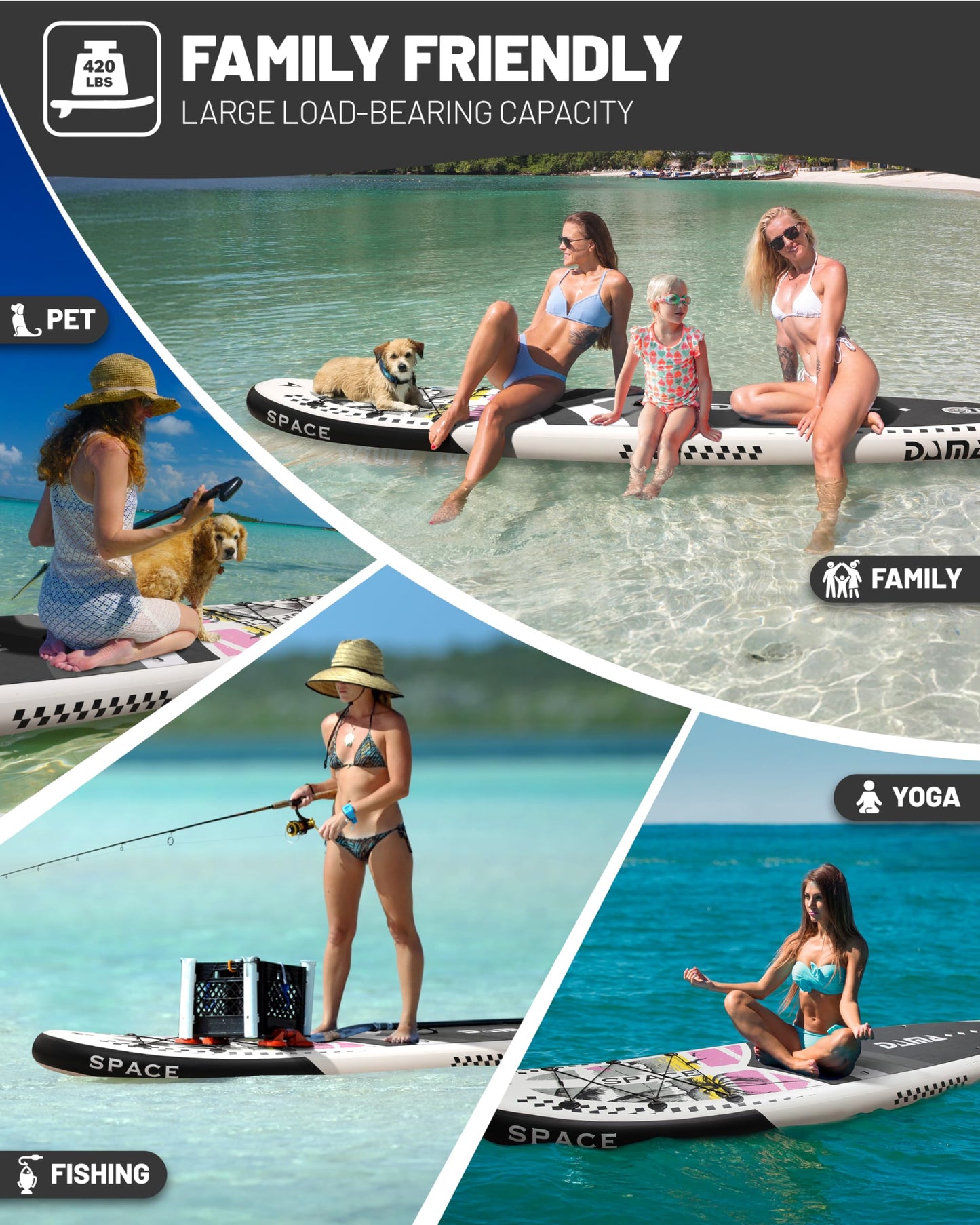 DAMA Hiwave Inflatable Stand Up Paddle Board 11’*34”*6” Sup Board, 350lbs Capicity Adult&Youth Paddle Board, Pet Friendly for Ocean&Lake, w/Double Action Hand Pump Black