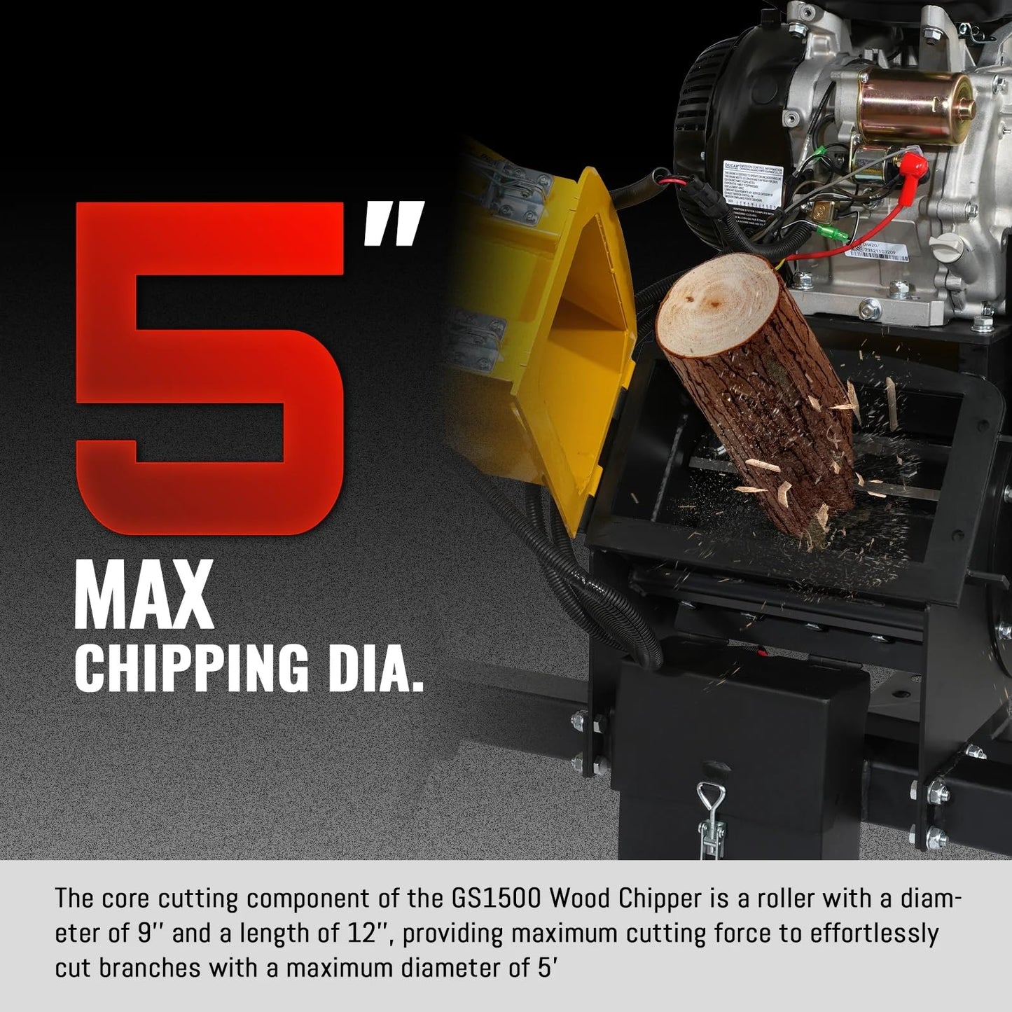 MechMaxx 5'' inch DUCAR 420cc 15hp E-Start Gas Powered Wood Chipper Shredder Mulcher with Towbar/Emergency Stop Button,Model GS1500 Yellow