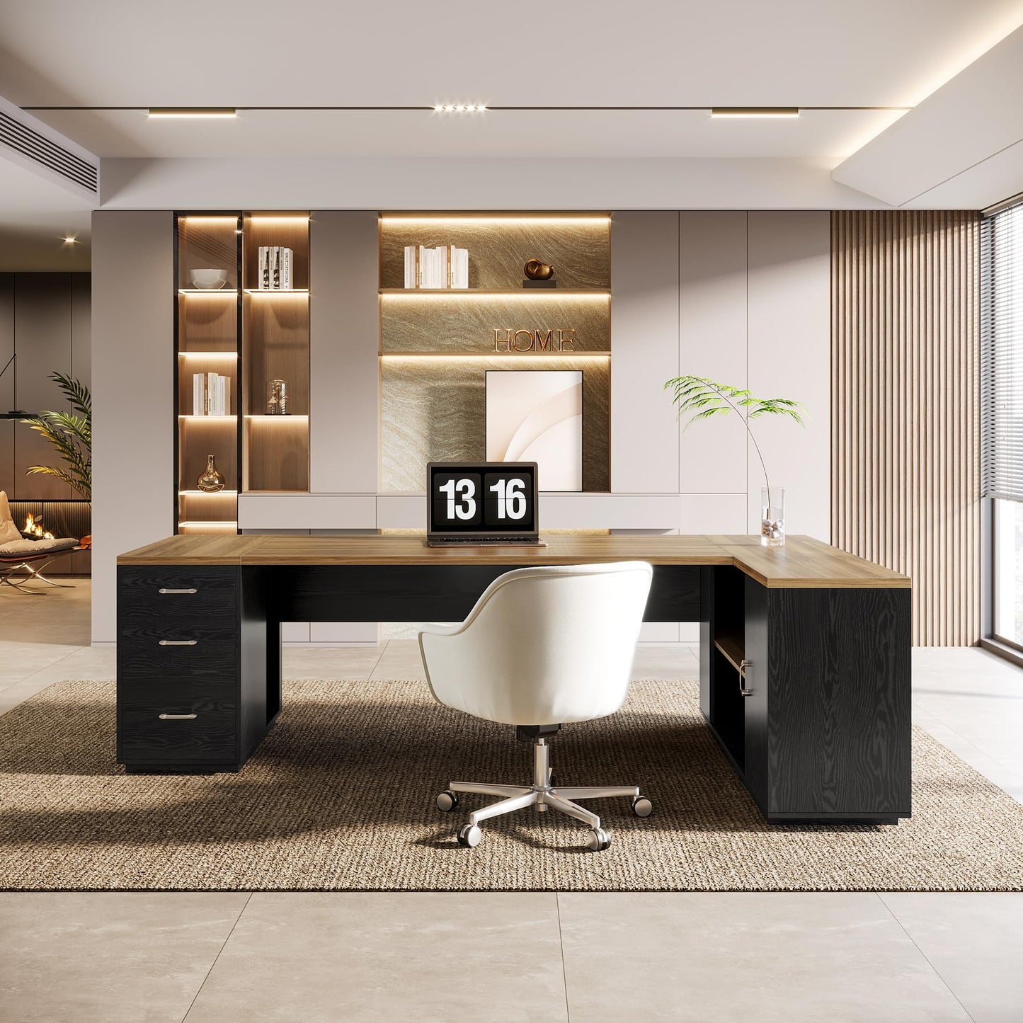 Tribesigns 85.8-Inch L-Shaped Executive Office Desk with File Drawers & Storage Cabinet, Professional Corner Computer Desk Extra Large Business Workstation with Adjustable Shelves (Brown&Black)