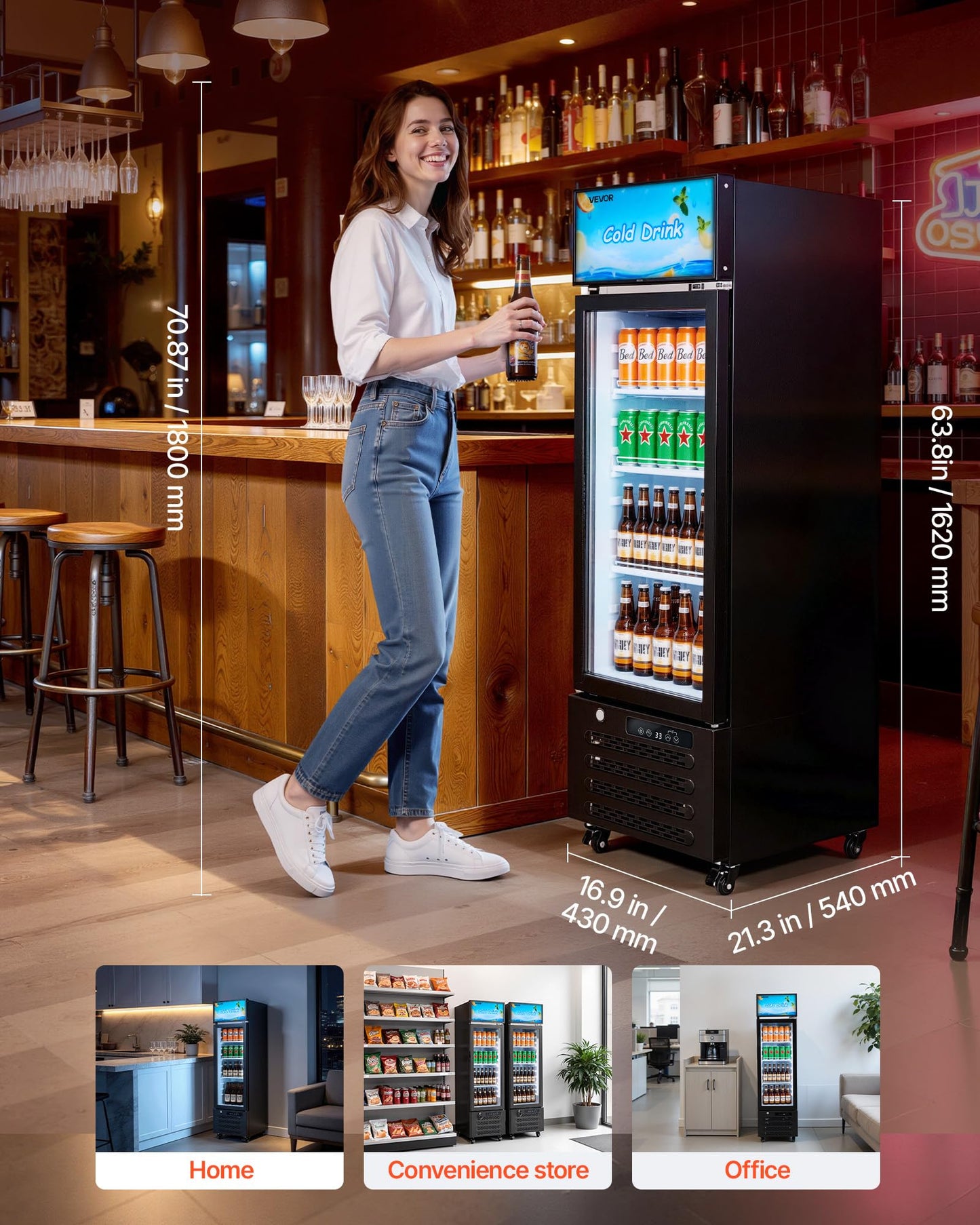 VEVOR Commercial Merchandiser Refrigerator, 6.1 Cu.Ft / 173 L Glass Door Display Refrigerator, Upright Beverage Cooler with Customizable Lightbox, 3 Adjustable Shelves & Soft LED Light for Homes Shops