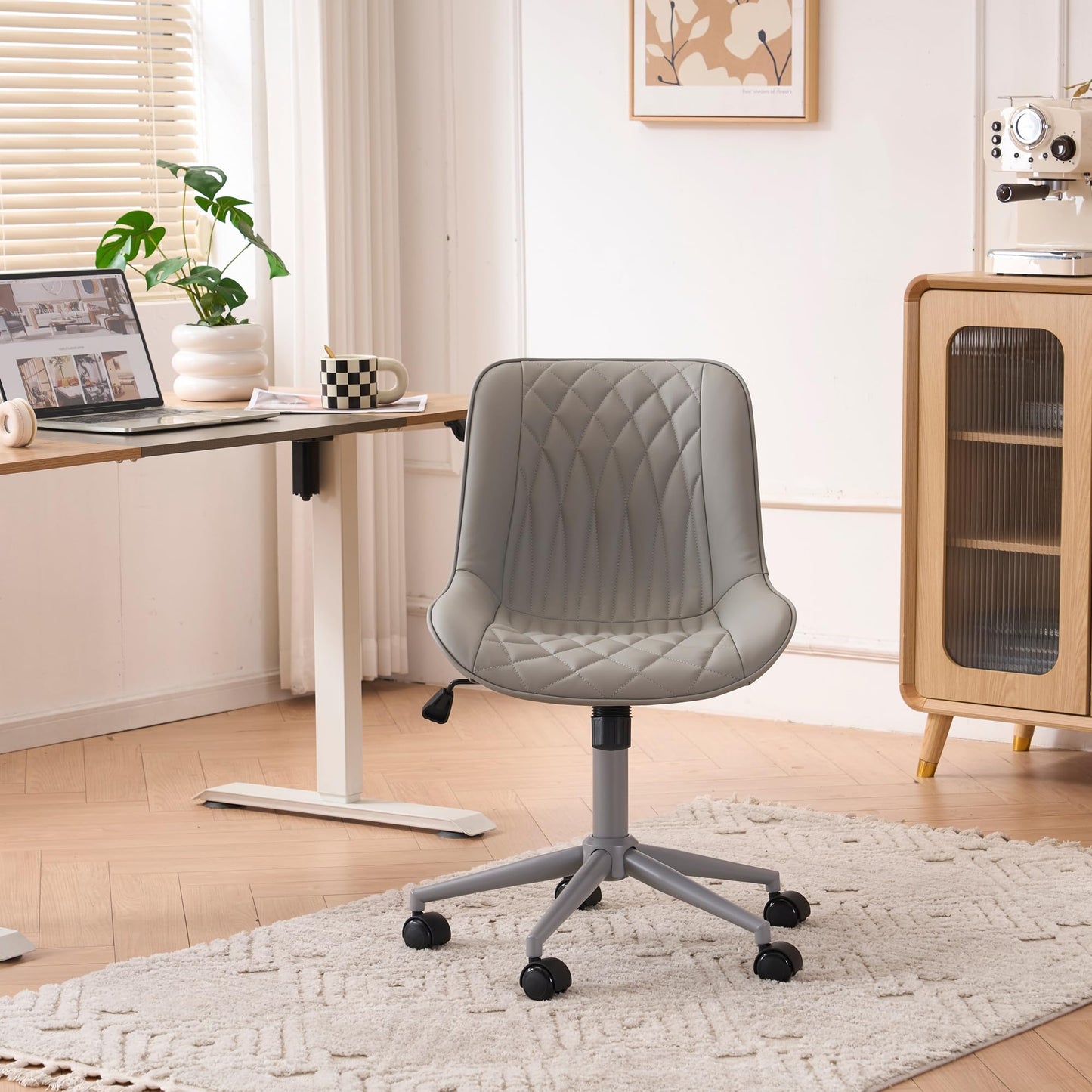 YOUNIKE Grey Faux Leather Ergonomic Office Chair Armless Comfy Desk Chair with Rocking Back Cute Swivel Vanity Chair with Wheels Height Adjustable Small Computer Task Chair for Sewing Drafting