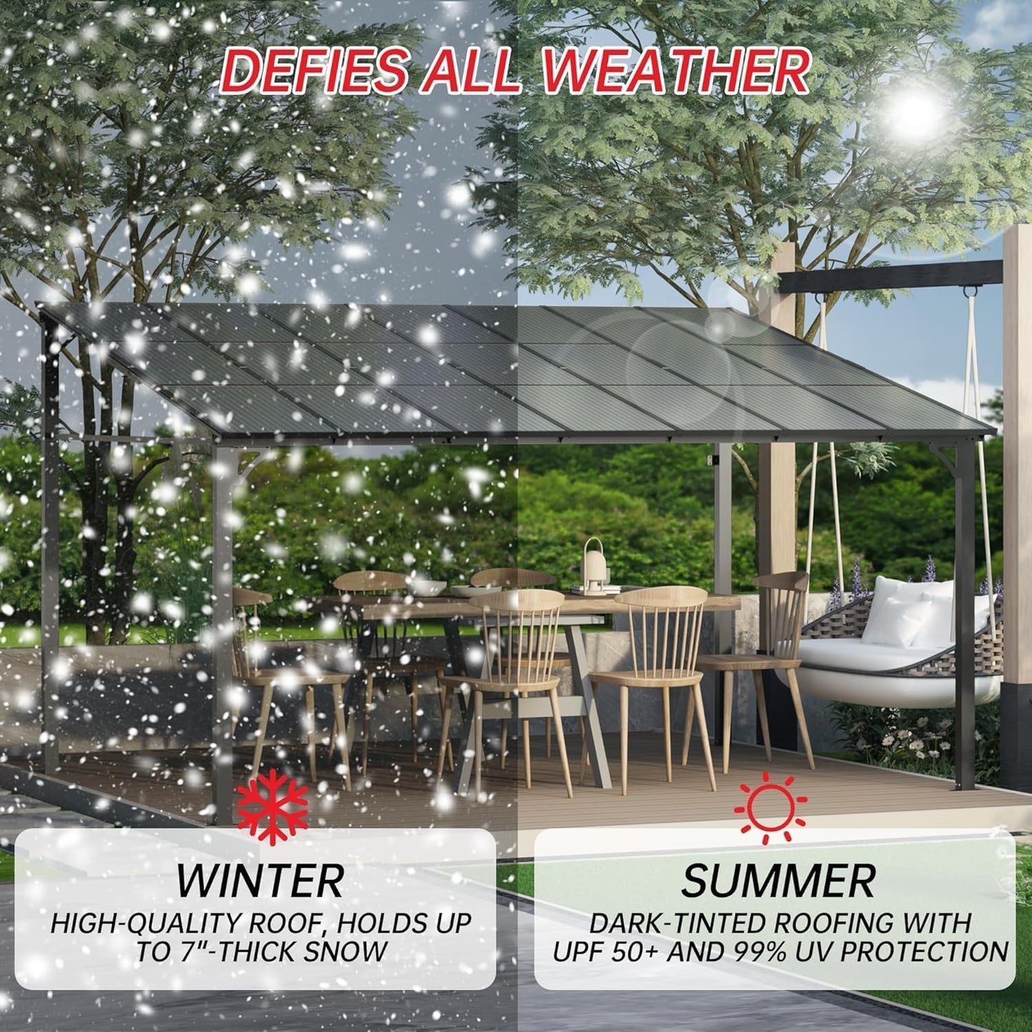 10x14 ft Wall Mounted Gazebo, Hardtop Lean to Pergola with Sloped Roof & Gutters, Heavy Duty Outdoor Awning for Patio, Deck, Porch, Backyard – Black