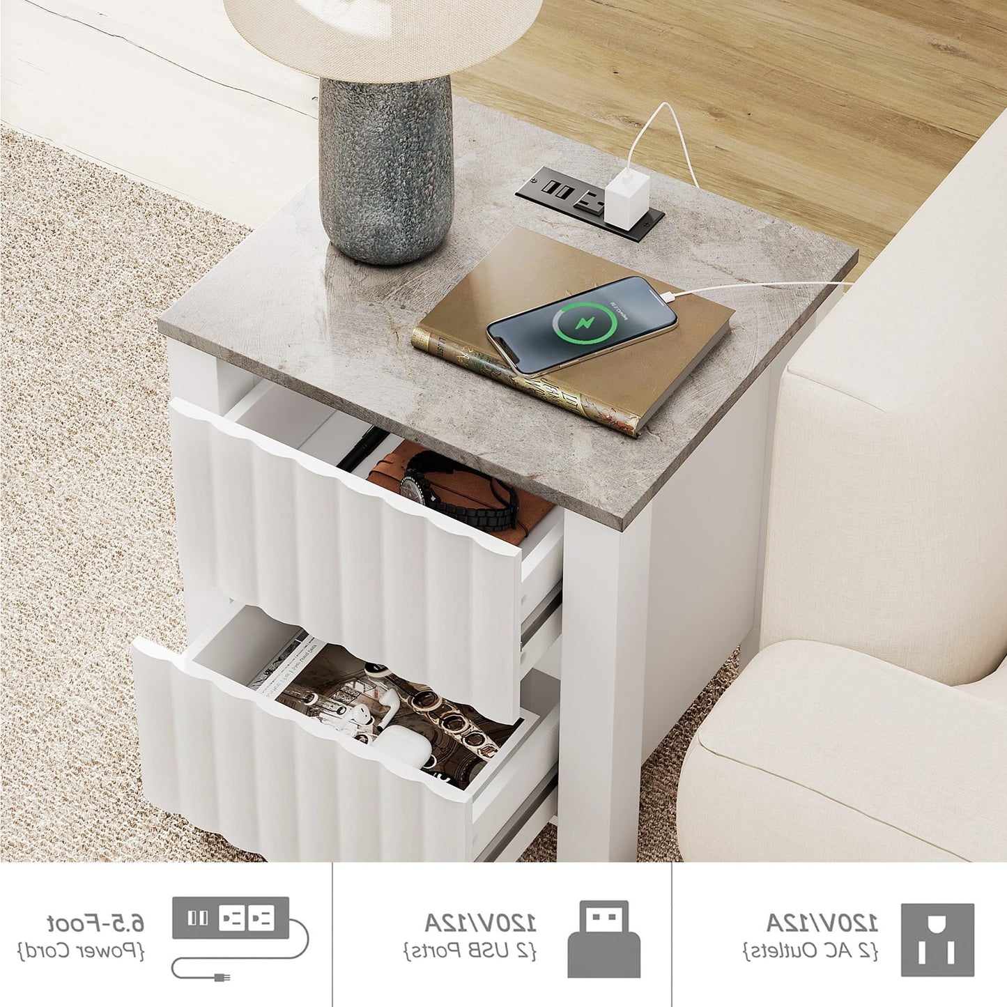 WAMPAT Modern 3-Drawer Nightstand, Wooden Low-Profile End Table with Full-Design Base, Floor-Standing Storage Cabinet, Bedroom Side Table and Closet Organizer, White, 2 Pcs