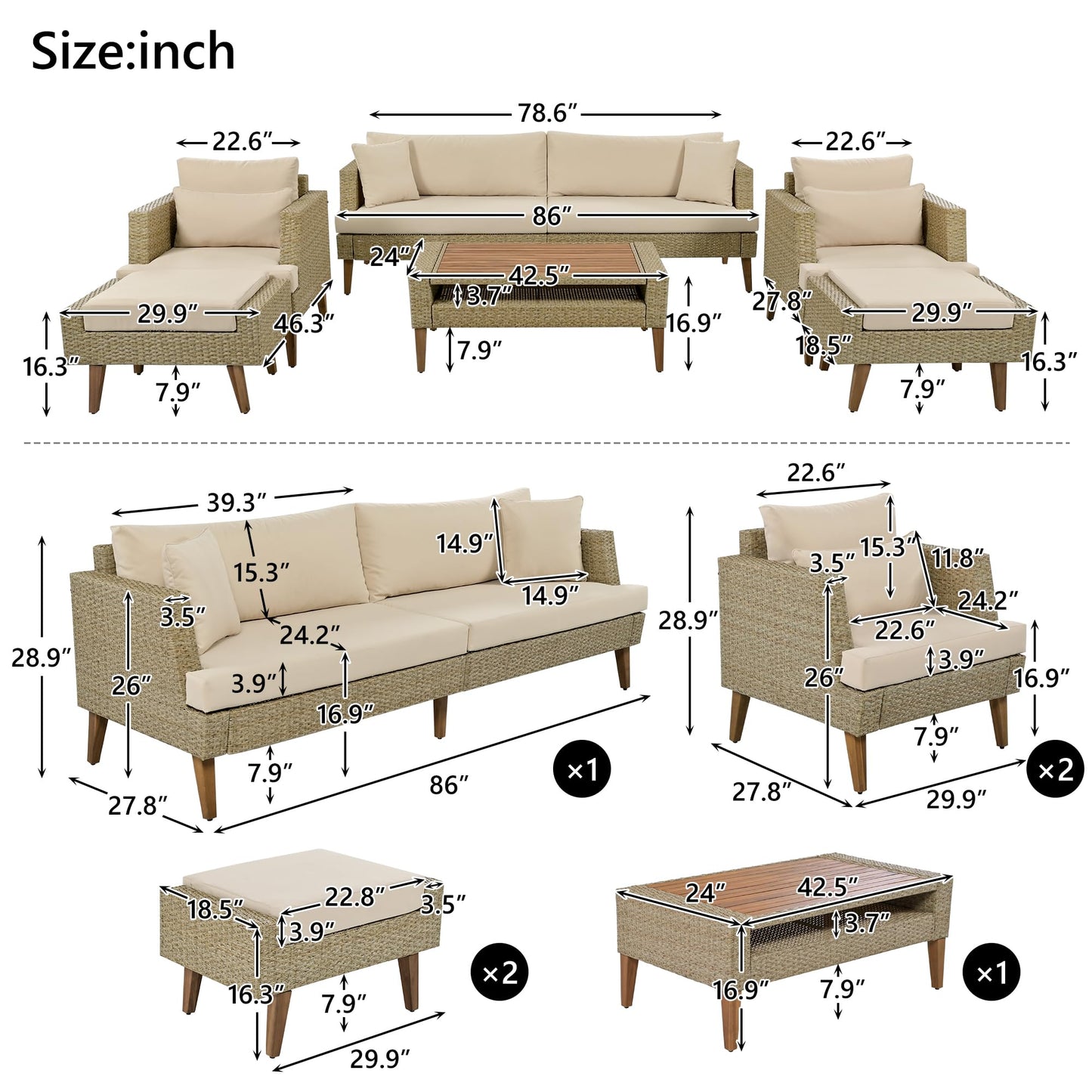 6-Piece All Weather PE Wicker Sofa Set, Outdoor Rattan Sofas with Double Cushions, Wood Legs & Table Top, Sturdy Patio Conversation Sets with Ottomans for Garden, Balcony, or Deck, Gray+Beige
