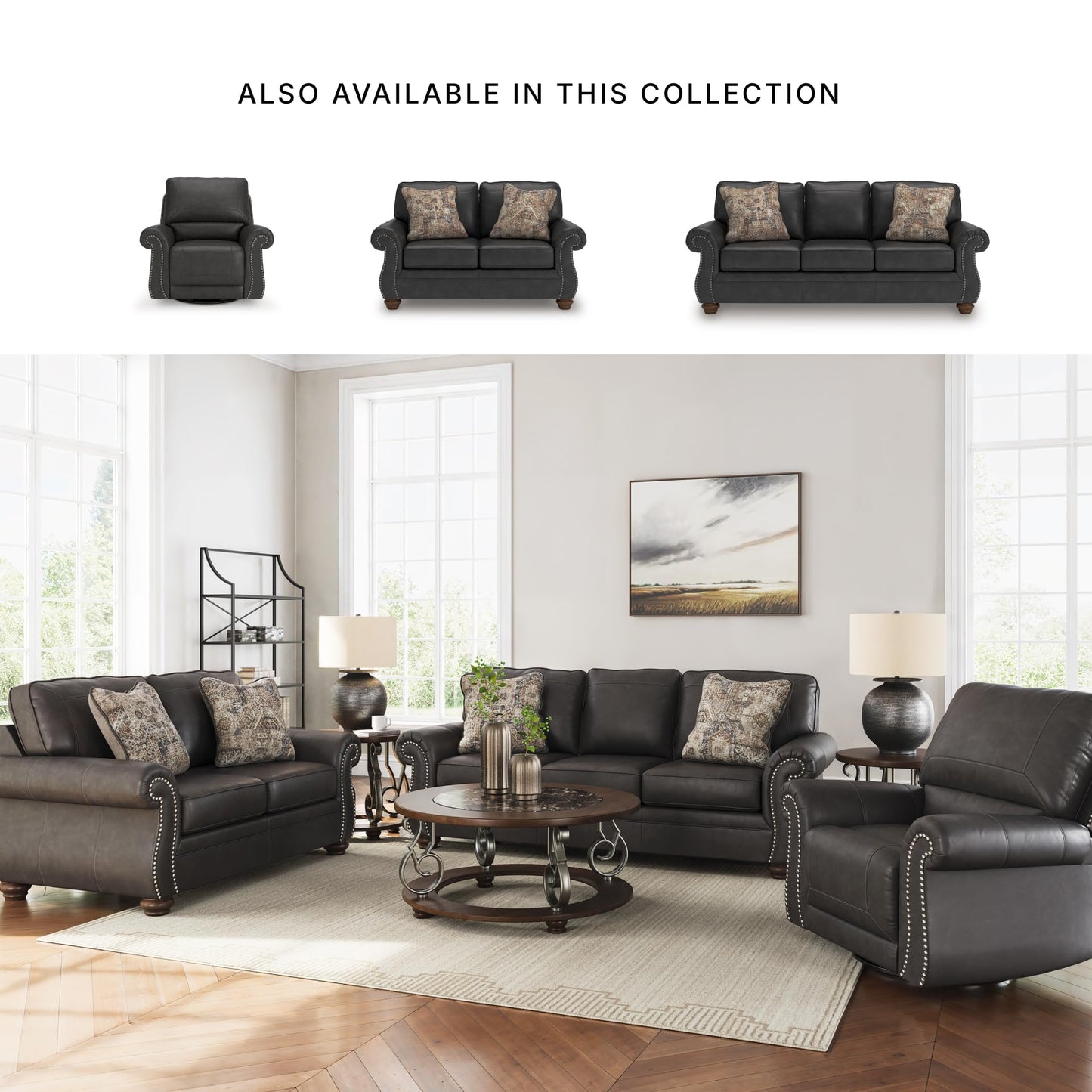Signature Design by Ashley Shadsburne Rustic Faux Leather Sofa with Nailhead Trim and 2 Chenille Throw Pillows, Pillows with Soft Polyfill, Reinforced Frame for Added Stability, Black