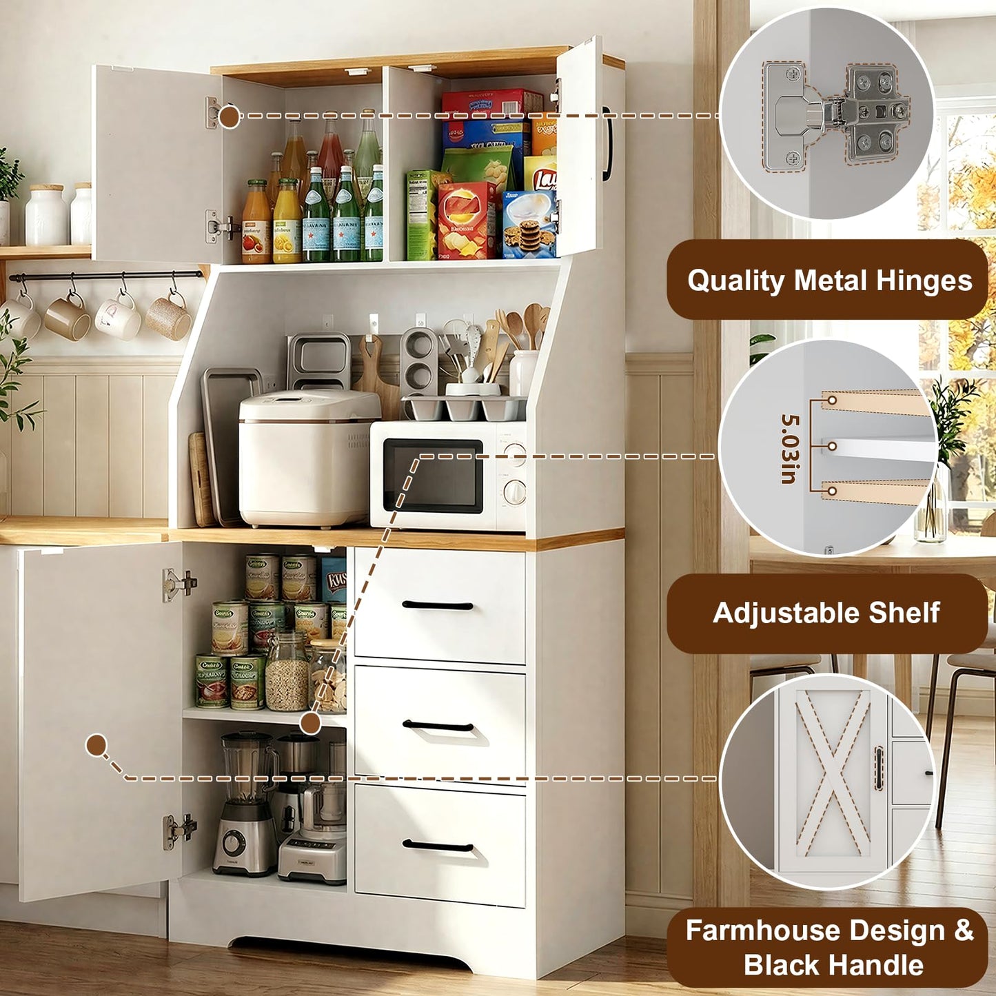 DreamDashio Pantry Cabinet with Adjustable Shelves and 3 Drawers, Tall Kitchen Pantry Storage Cabinet with LED Light & Charging Station, Kitchen Hutch with Microwave Shelf & 6 Hooks for Dining Room