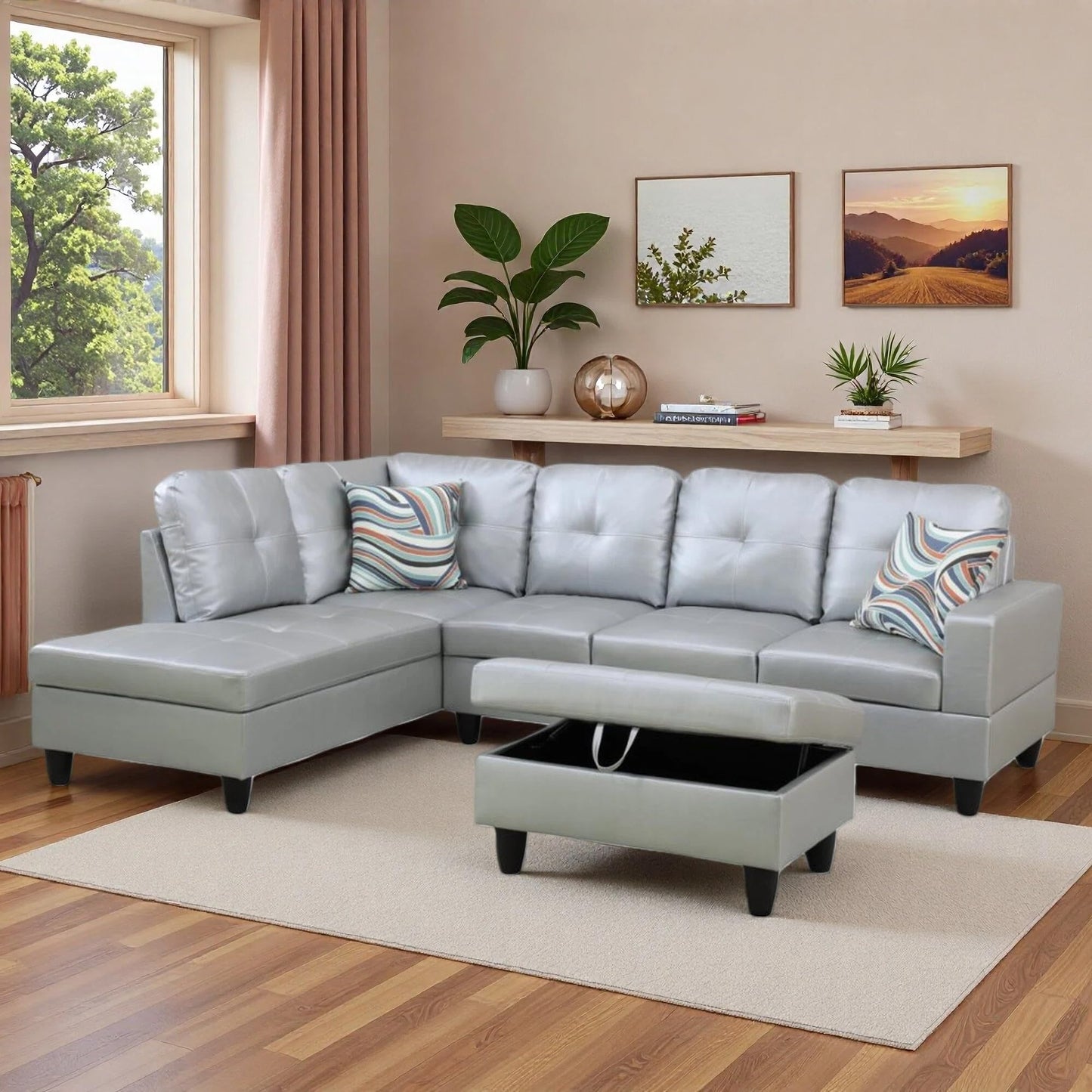 Trygoal 103.5" Sectional Couches for Living Room, Leather 4 Seat L Shaped Couch with Chaise, 3-Piece Modular Sofa with Storage Ottoman, Home Furniture Sets for Apartment Office, Silver