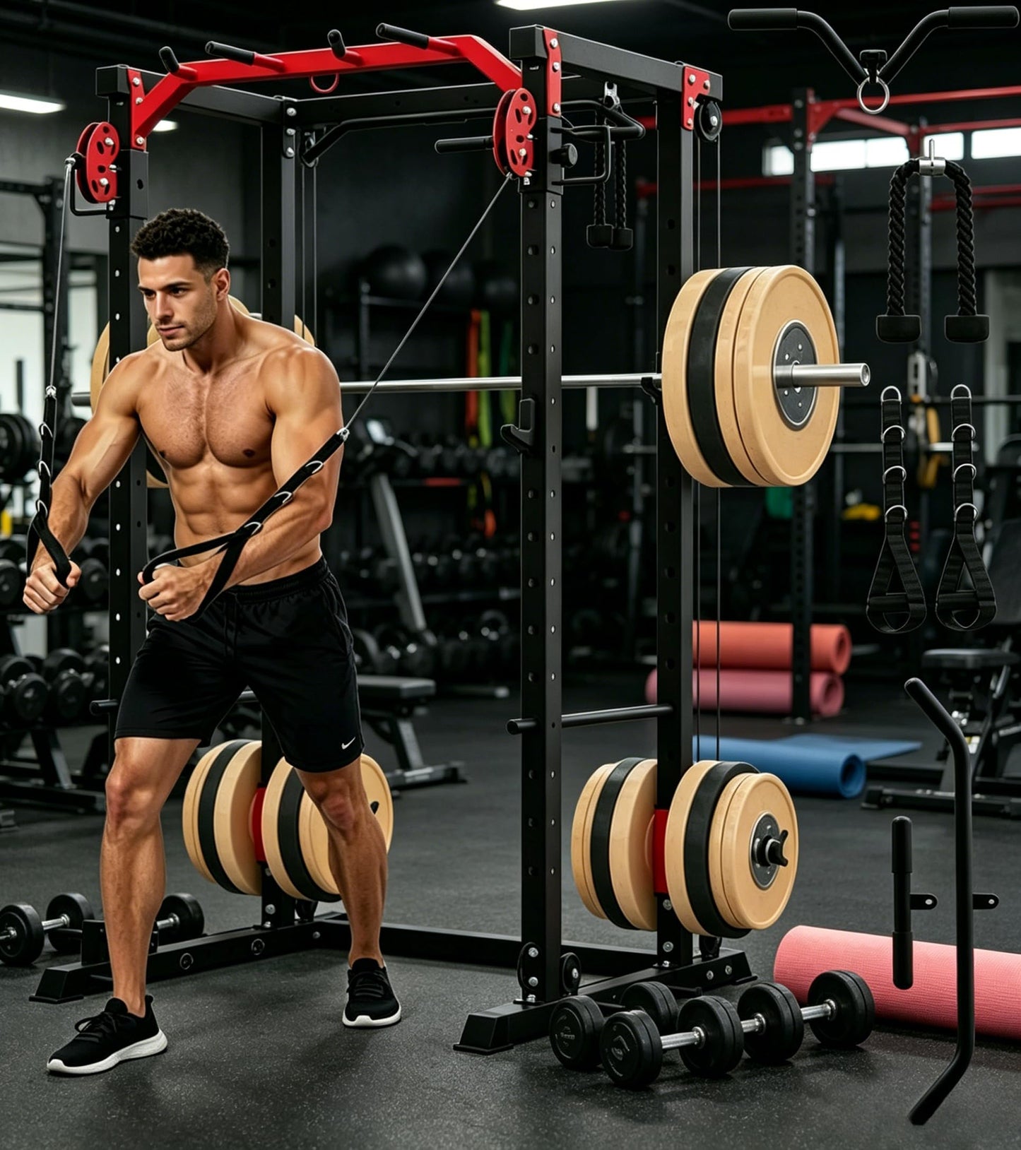 Power Cage for Home Gym, 2000LBS Power Rack with Cable Crossover and Dual Independent Pulley System, Squat Rack with LAT Pull Down System, Workout Cage for for Full Body Training