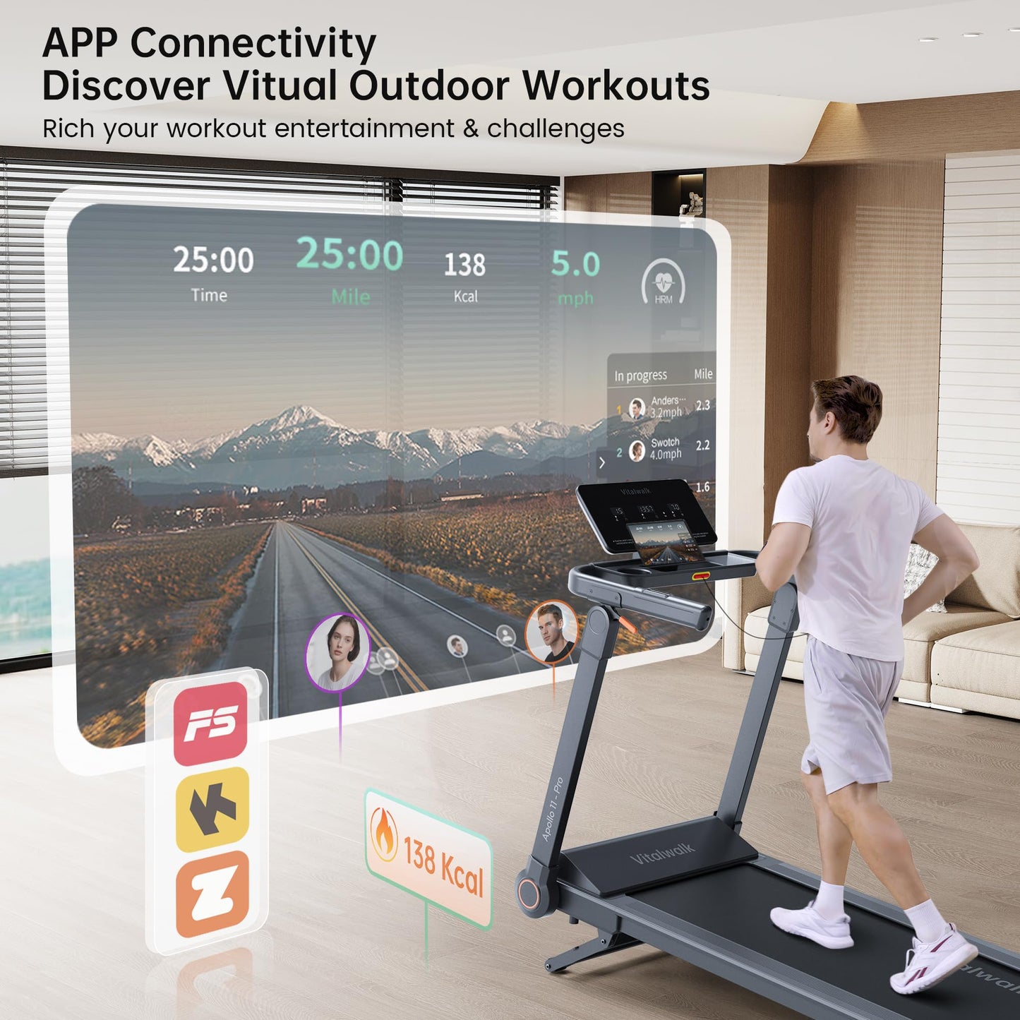 Vitalwalk Foldable Treadmill with Auto Incline, 48"x18" Wide Running Belt, 10MPH, 3.5HP Brushless, Walking Pad Treadmill for Home, Auto Folding, No Installation, 350LBS Capacity, APP, 20% Auto Incline