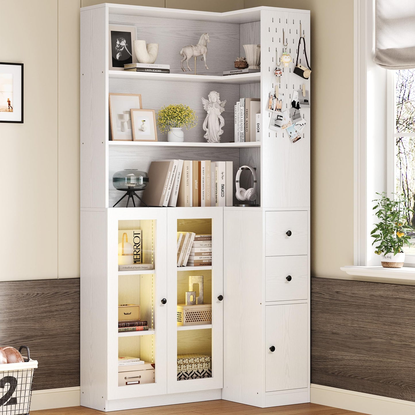 IRONCK Corner Bookshelf with LED Lights, 78.7" Tall Corner Bookshelves with 2 Drawers & Transparent Doors, 7 Tiers L-Shaped Bookcase with Open Shelves and Pegboards for Living Room, Home Office, White