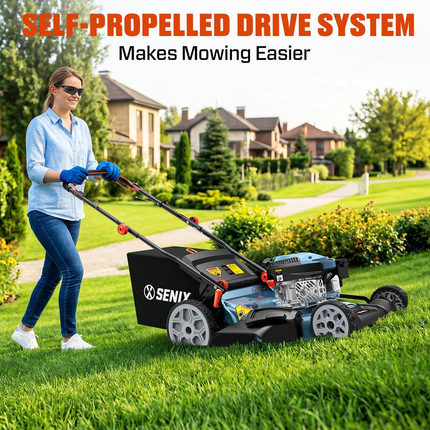 SENIX 22 Inch 3-in-1 Gas Lawn Mower, 201cc Rear Wheel Single Speed Self-Propelled Mower, 4-Cycle Engine, Steel Deck, Mulching, Bagging, Discharging, 6-Position Cutting Height Adjustable, for Yard